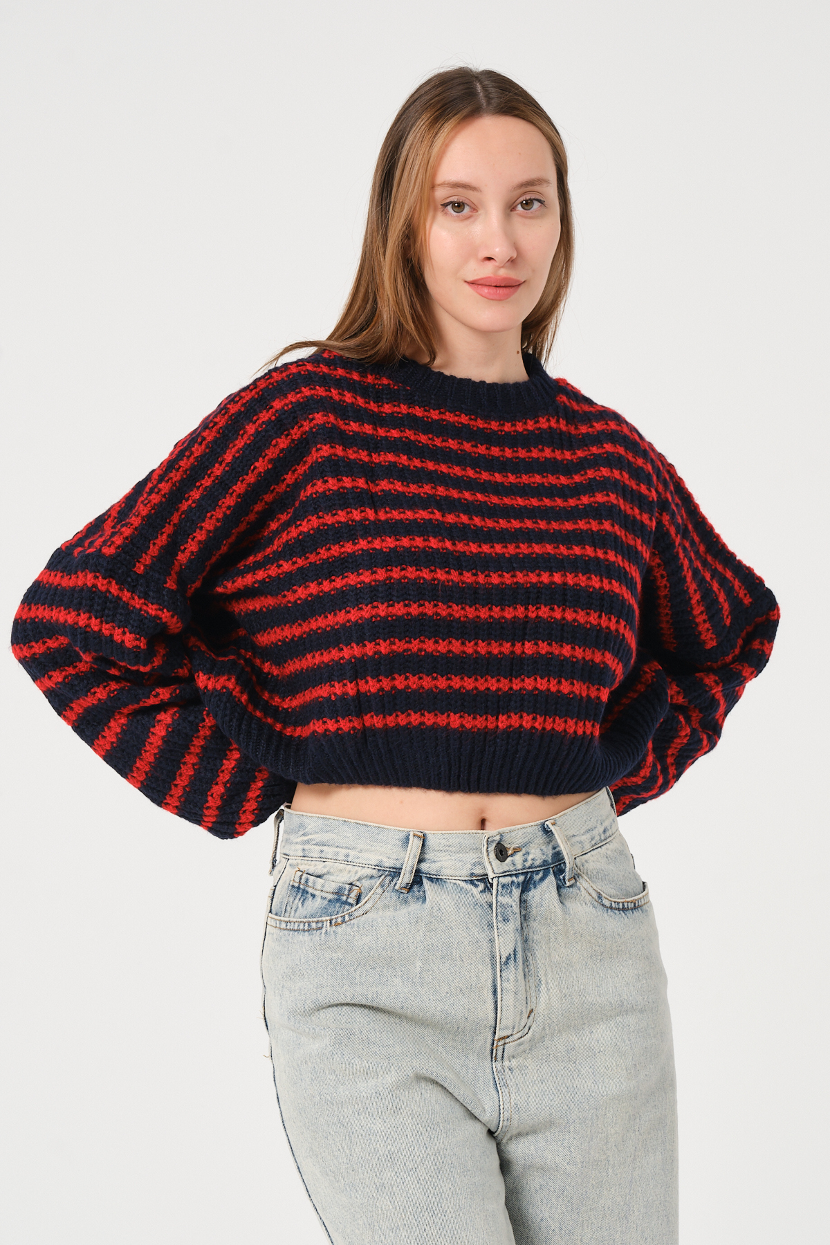 Kadın Lacivert Kırmızı Çizgili Bisiklet Yaka Kalın Örgü Triko Kazak