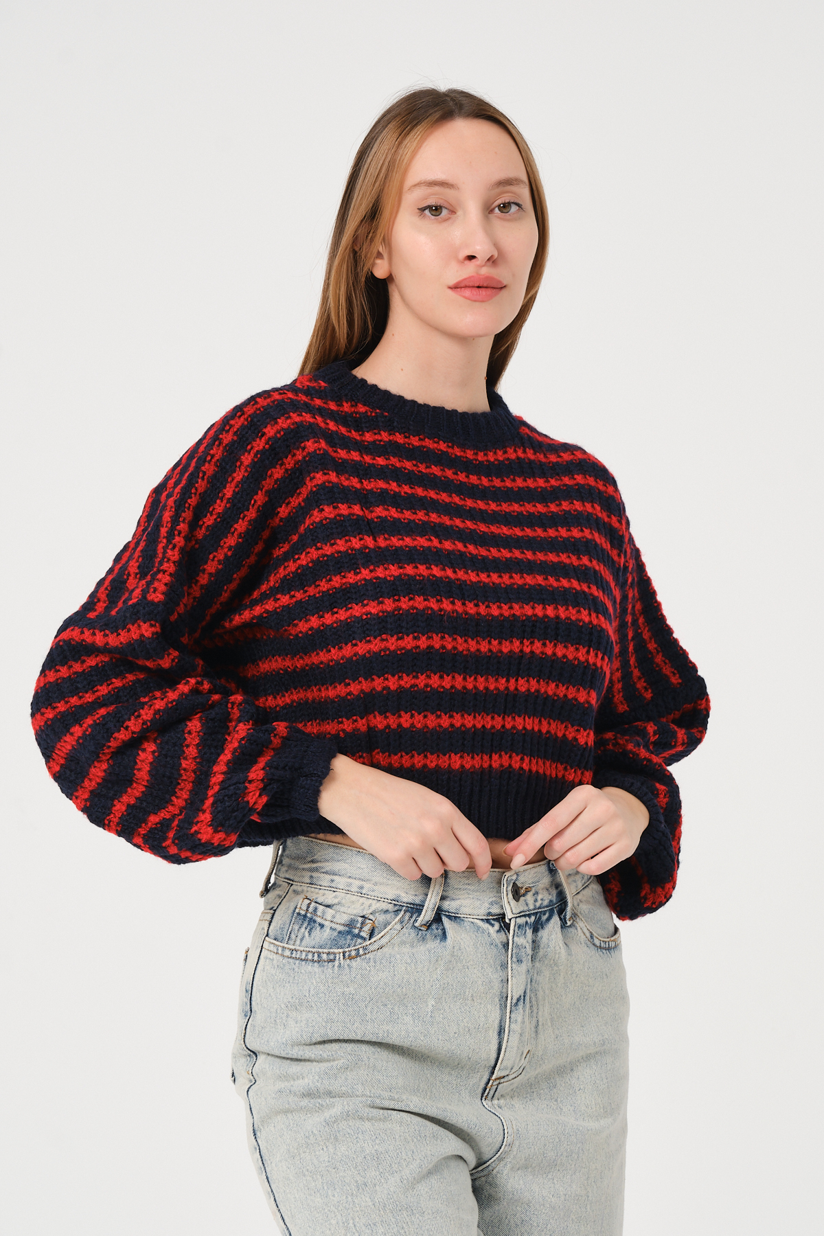 Kadın Lacivert Kırmızı Çizgili Bisiklet Yaka Kalın Örgü Triko Kazak