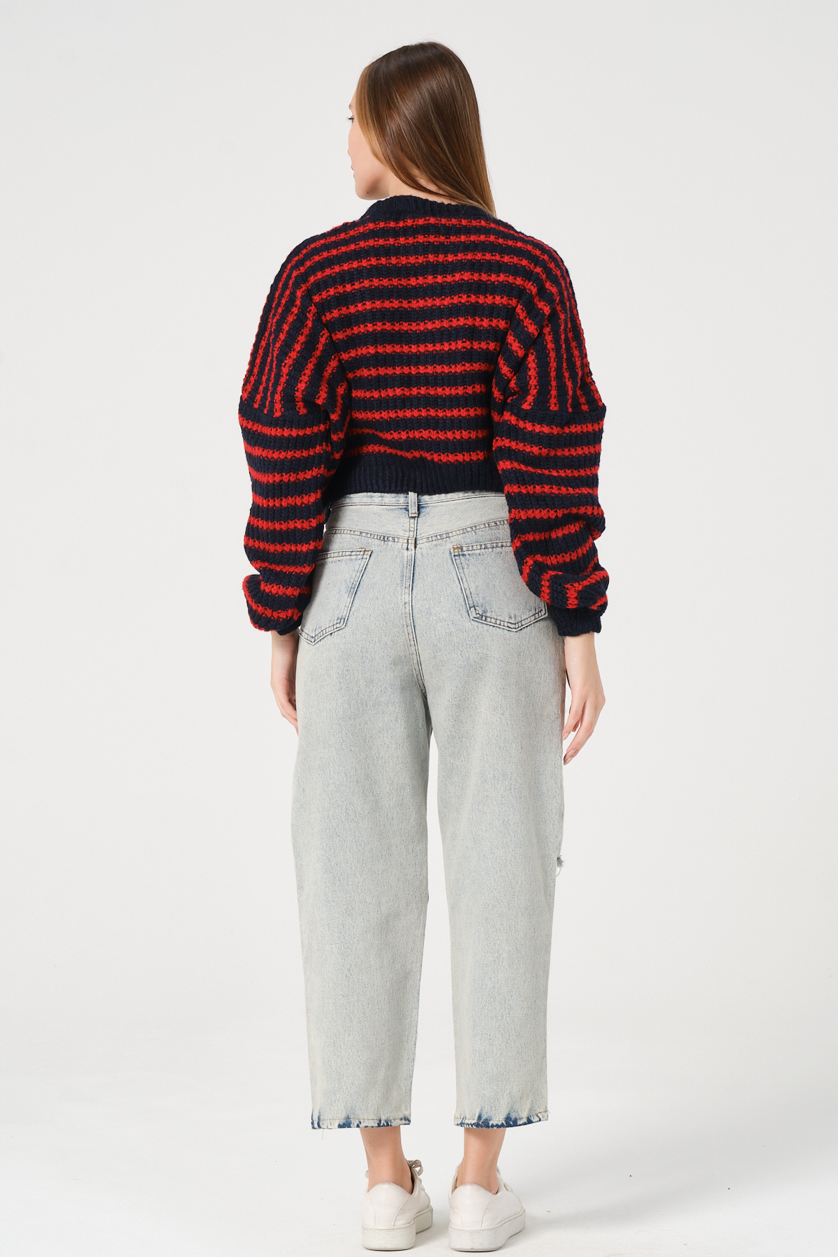 Kadın Lacivert Kırmızı Çizgili Bisiklet Yaka Kalın Örgü Triko Kazak