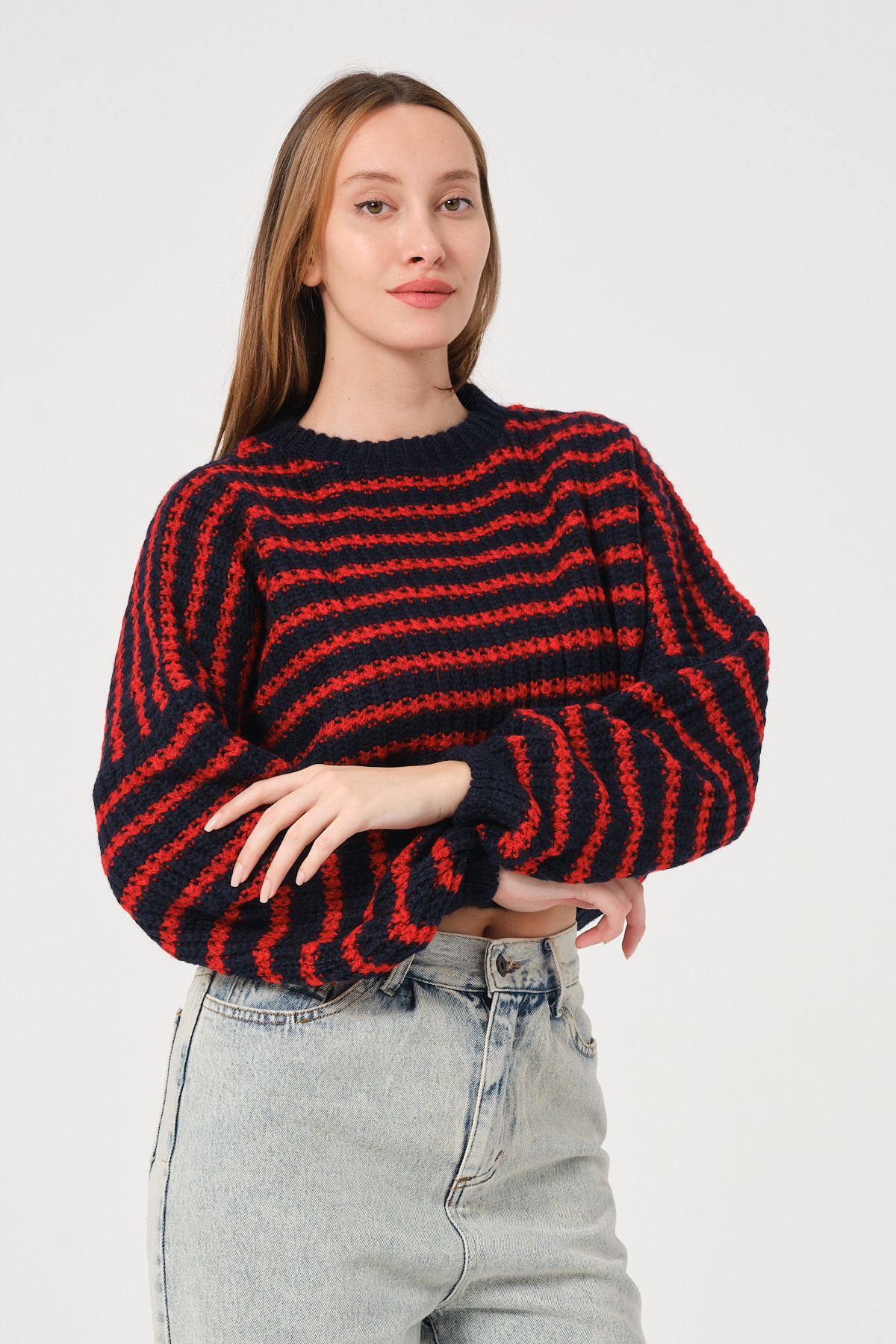 Kadın Lacivert Kırmızı Çizgili Bisiklet Yaka Kalın Örgü Triko Kazak