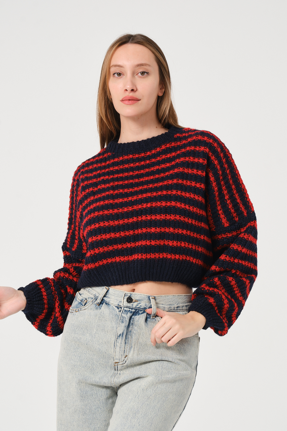 Kadın Lacivert Kırmızı Çizgili Bisiklet Yaka Kalın Örgü Triko Kazak