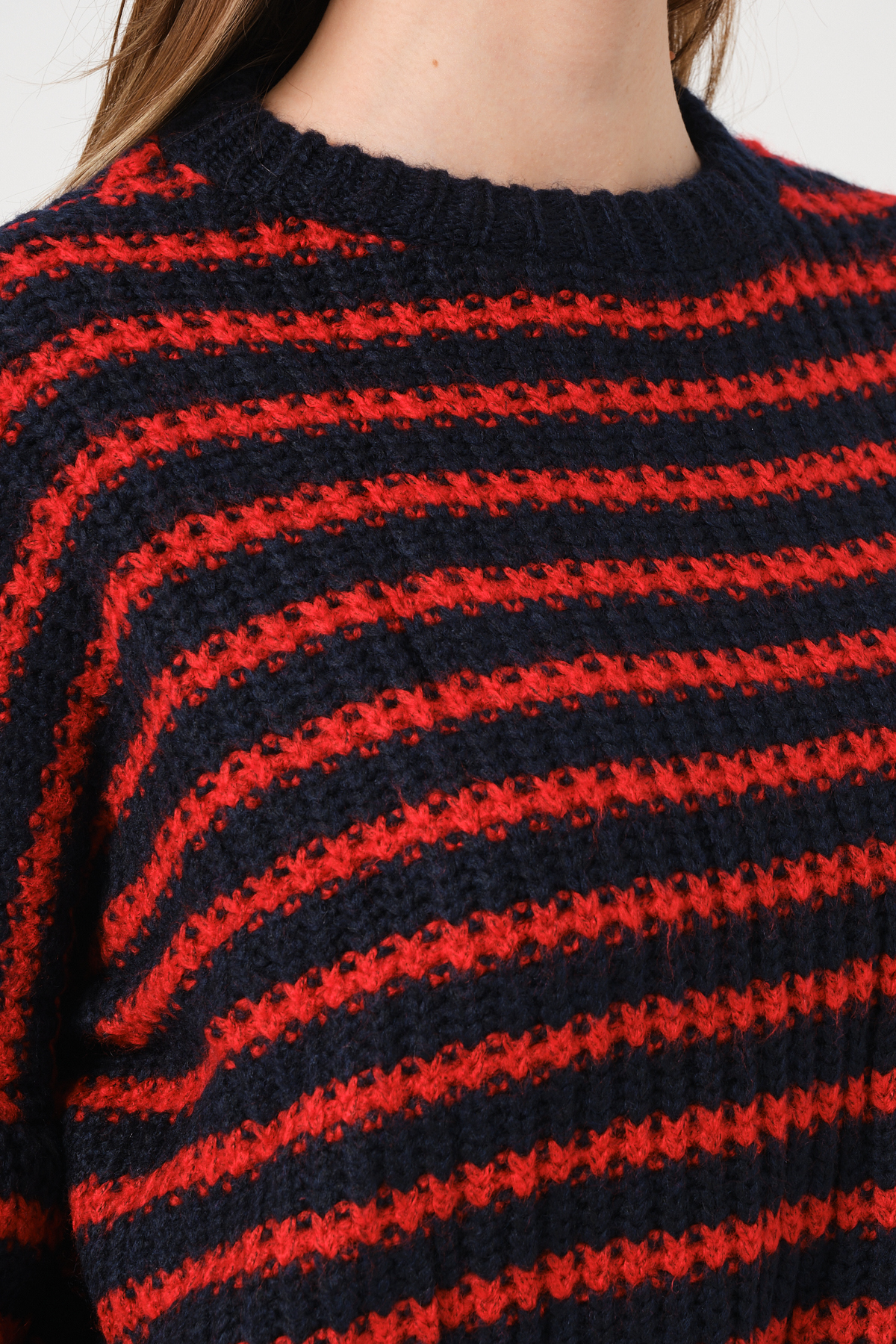 Kadın Lacivert Kırmızı Çizgili Bisiklet Yaka Kalın Örgü Triko Kazak