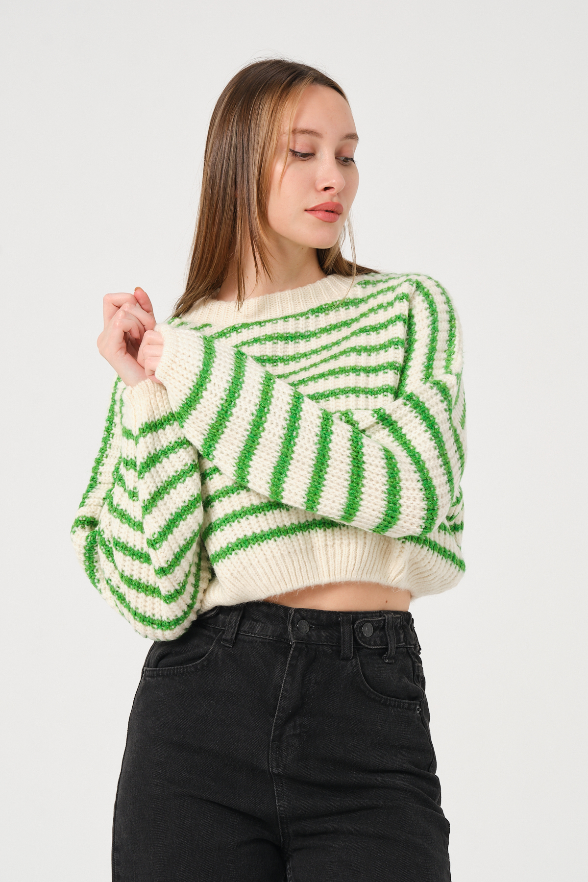 Kadın Lacivert Kırmızı Çizgili Bisiklet Yaka Kalın Örgü Triko Kazak