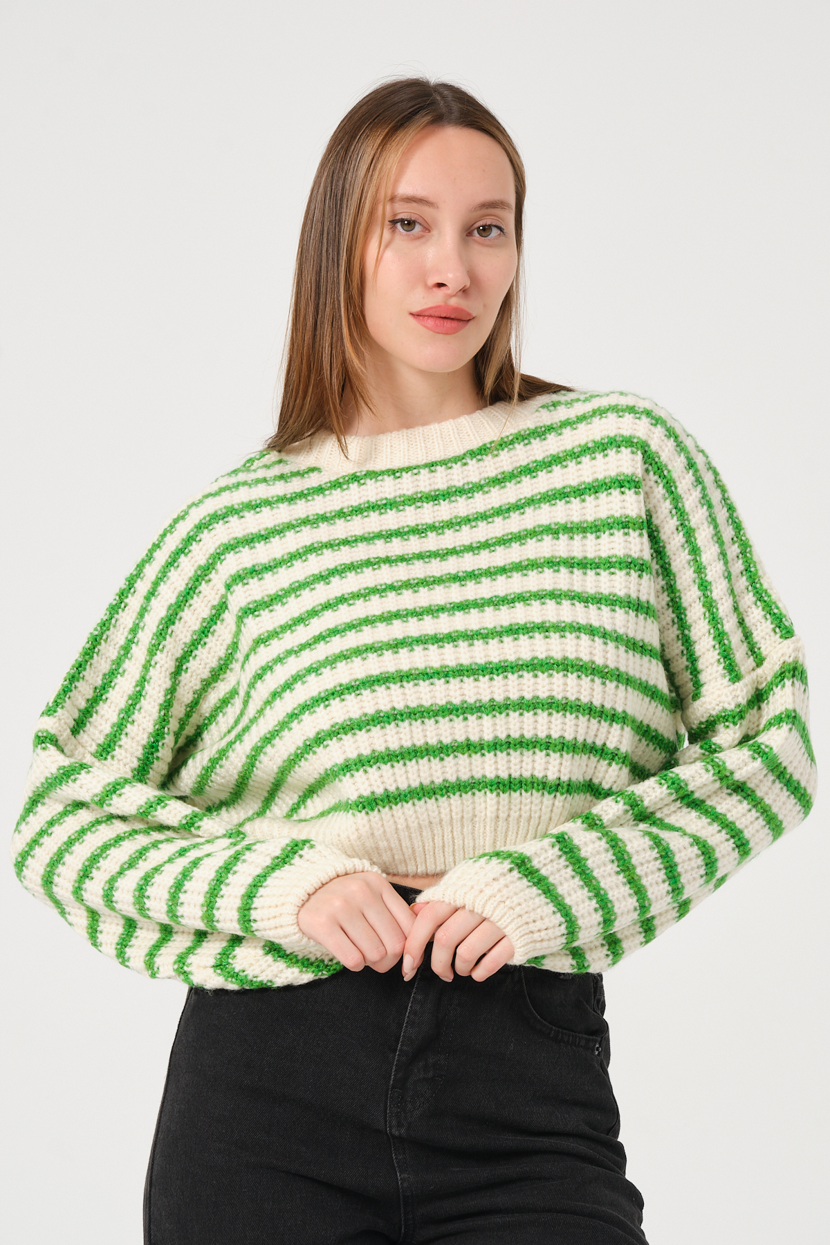 Kadın Lacivert Kırmızı Çizgili Bisiklet Yaka Kalın Örgü Triko Kazak