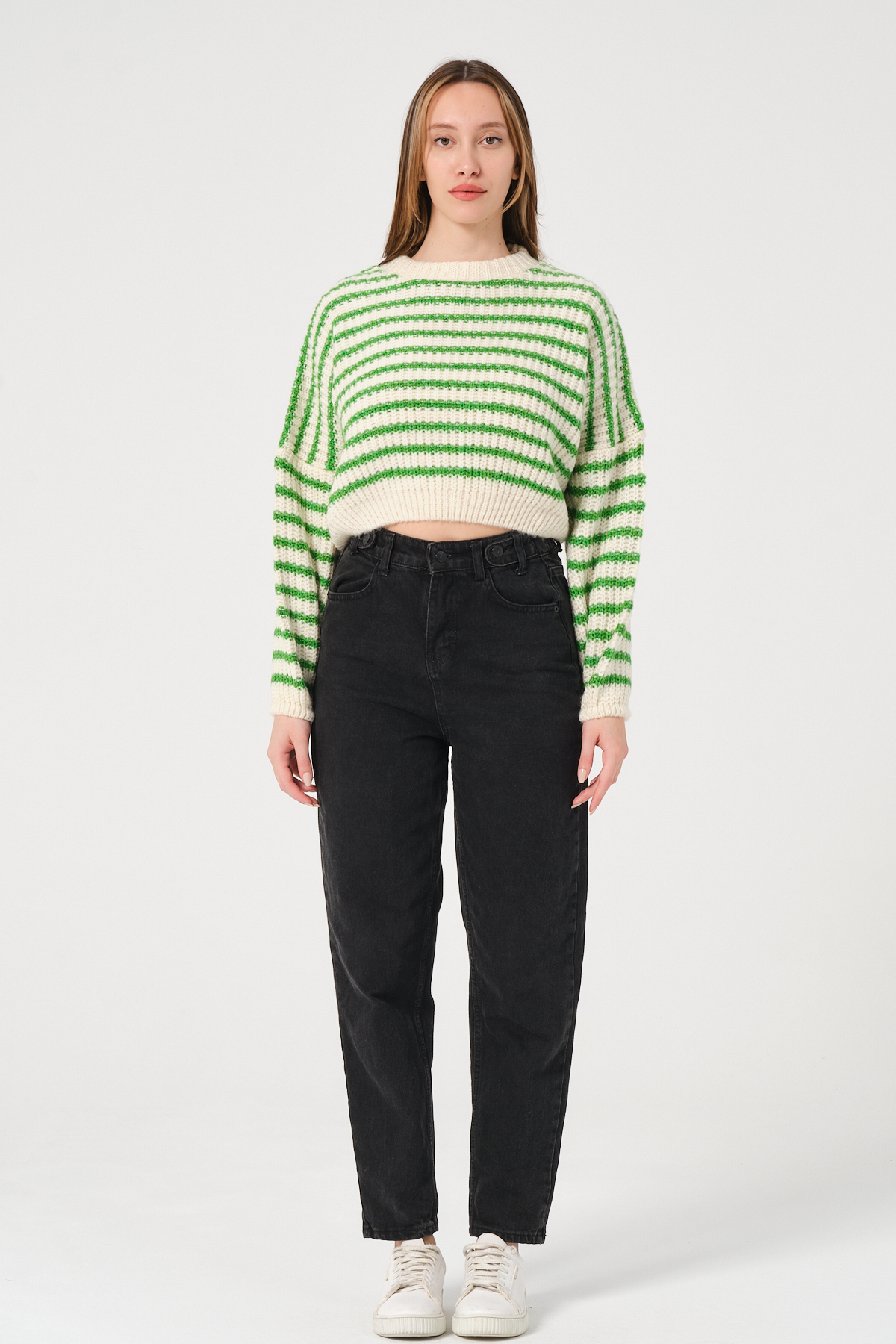 Kadın Lacivert Kırmızı Çizgili Bisiklet Yaka Kalın Örgü Triko Kazak