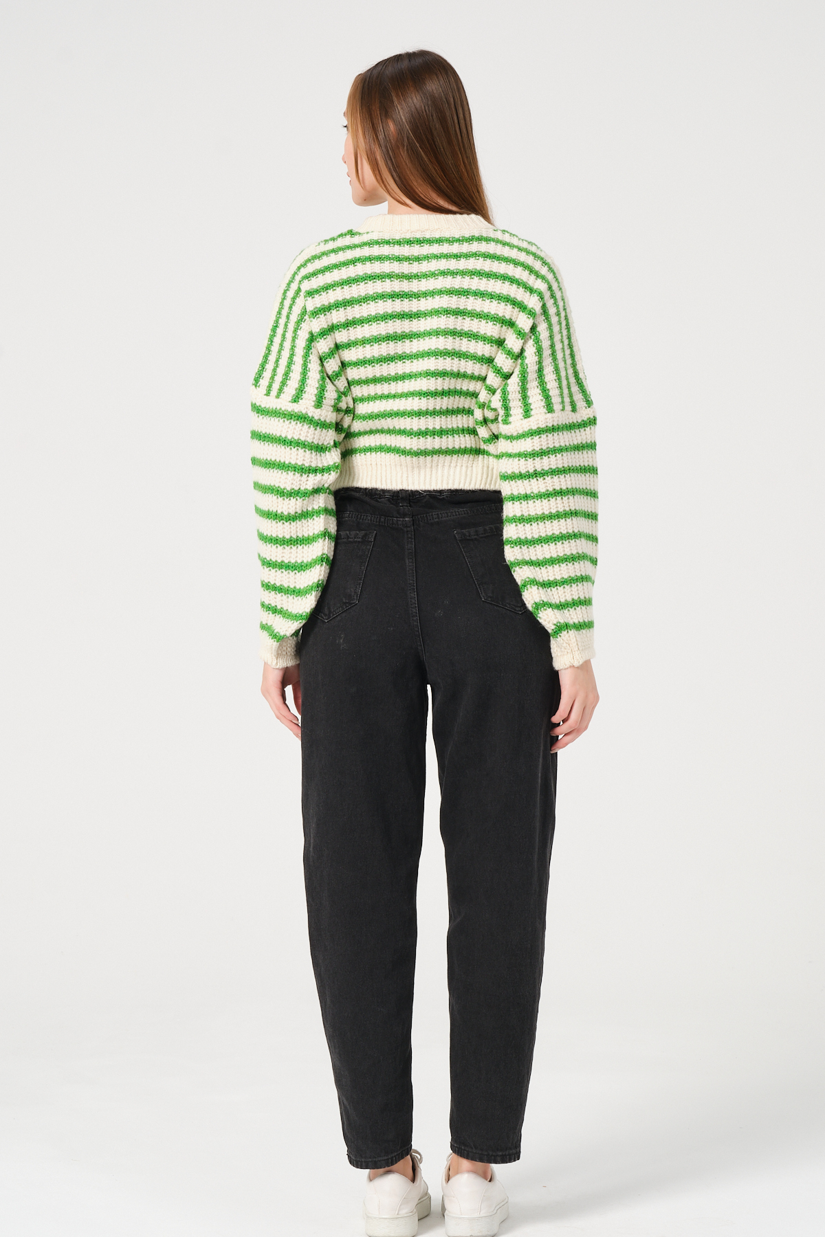 Kadın Lacivert Kırmızı Çizgili Bisiklet Yaka Kalın Örgü Triko Kazak