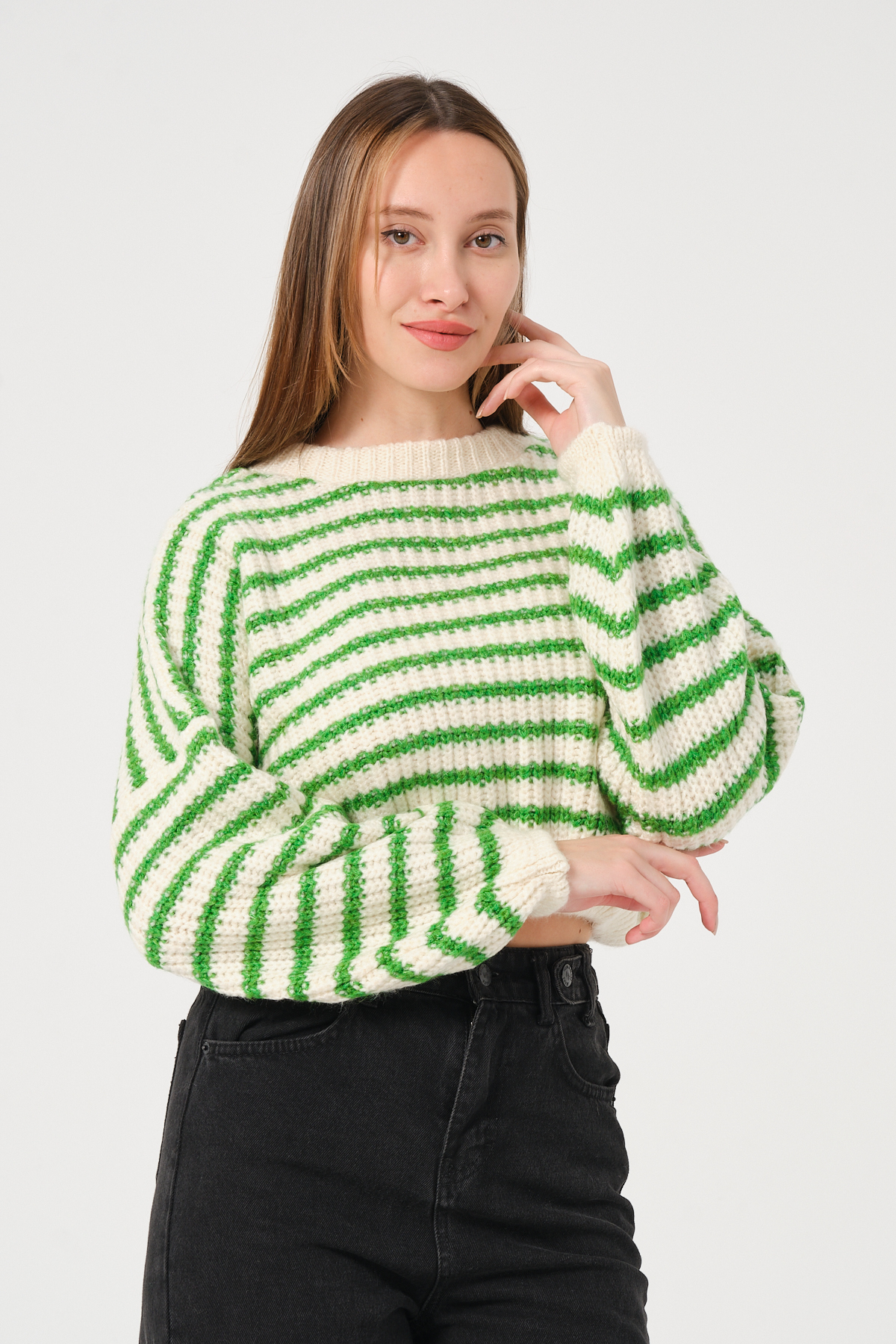 Kadın Lacivert Kırmızı Çizgili Bisiklet Yaka Kalın Örgü Triko Kazak