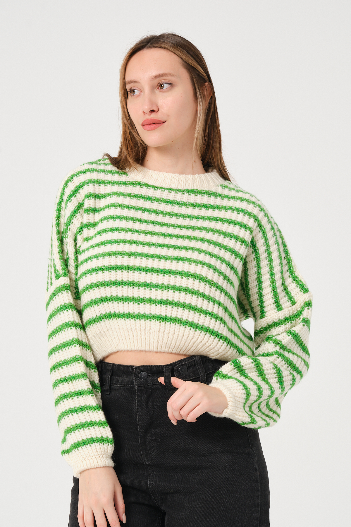 Kadın Lacivert Kırmızı Çizgili Bisiklet Yaka Kalın Örgü Triko Kazak