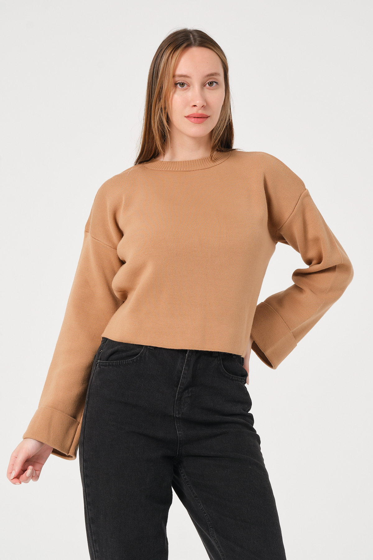 Kadın Kahverengi Bisiklet Yaka Kol Detaylı Triko Kazak