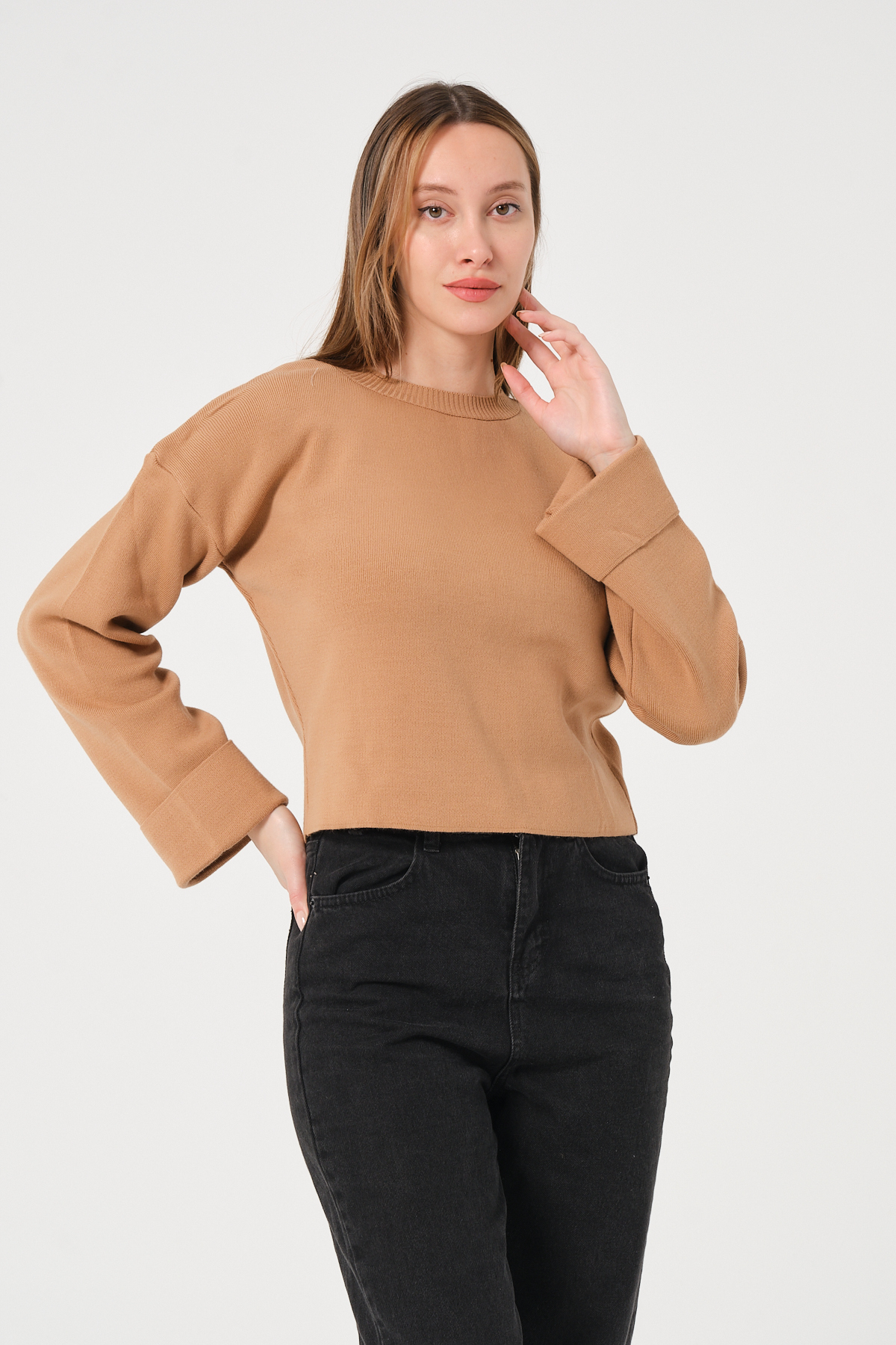 Kadın Kahverengi Bisiklet Yaka Kol Detaylı Triko Kazak