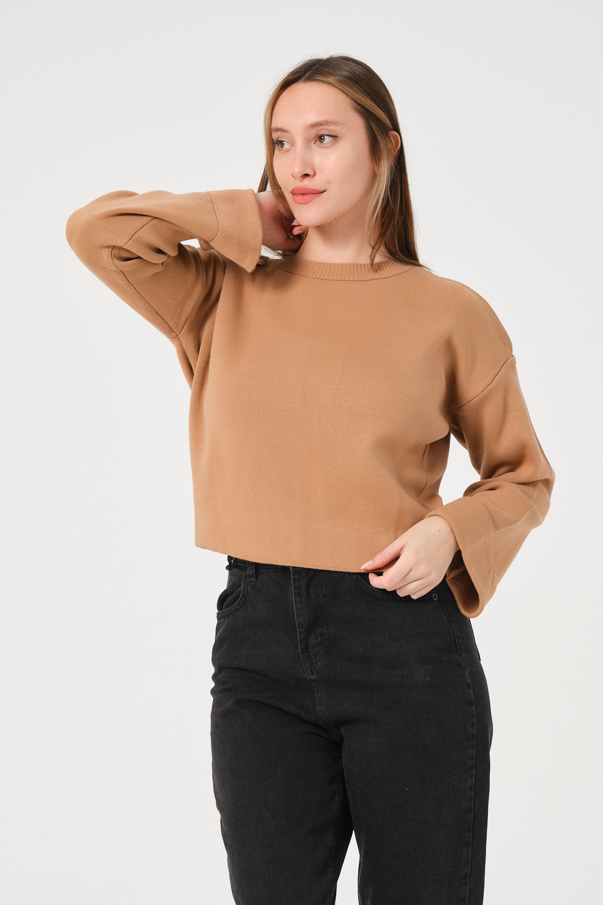 Kadın Kahverengi Bisiklet Yaka Kol Detaylı Triko Kazak