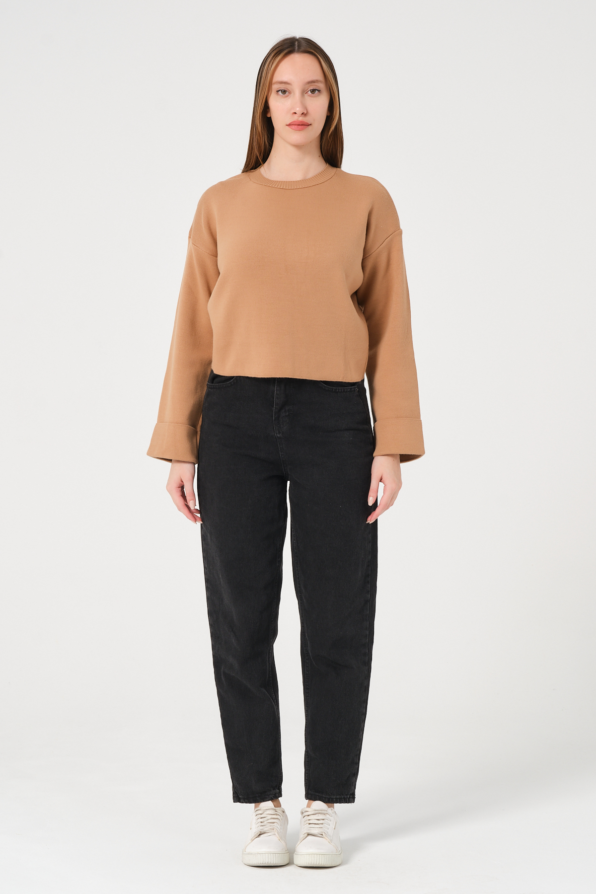 Kadın Kahverengi Bisiklet Yaka Kol Detaylı Triko Kazak