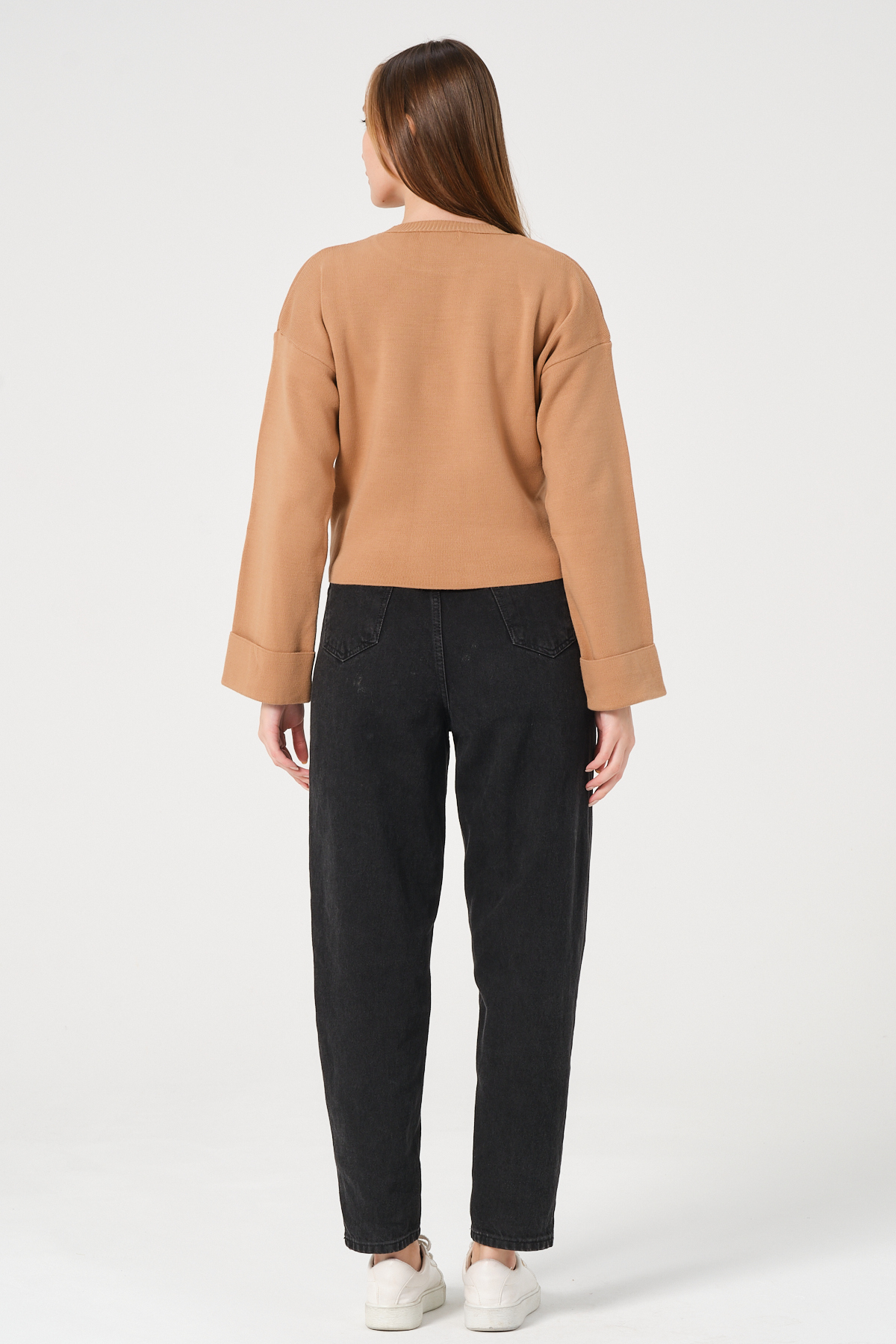 Kadın Kahverengi Bisiklet Yaka Kol Detaylı Triko Kazak