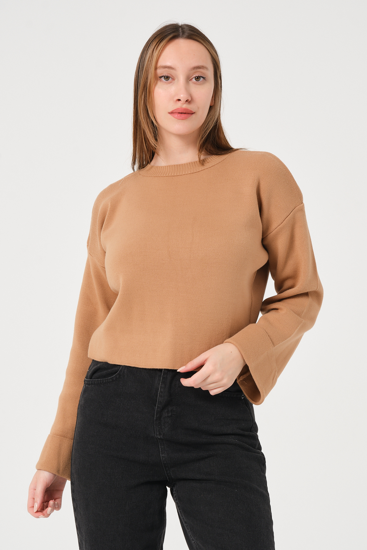 Kadın Kahverengi Bisiklet Yaka Kol Detaylı Triko Kazak