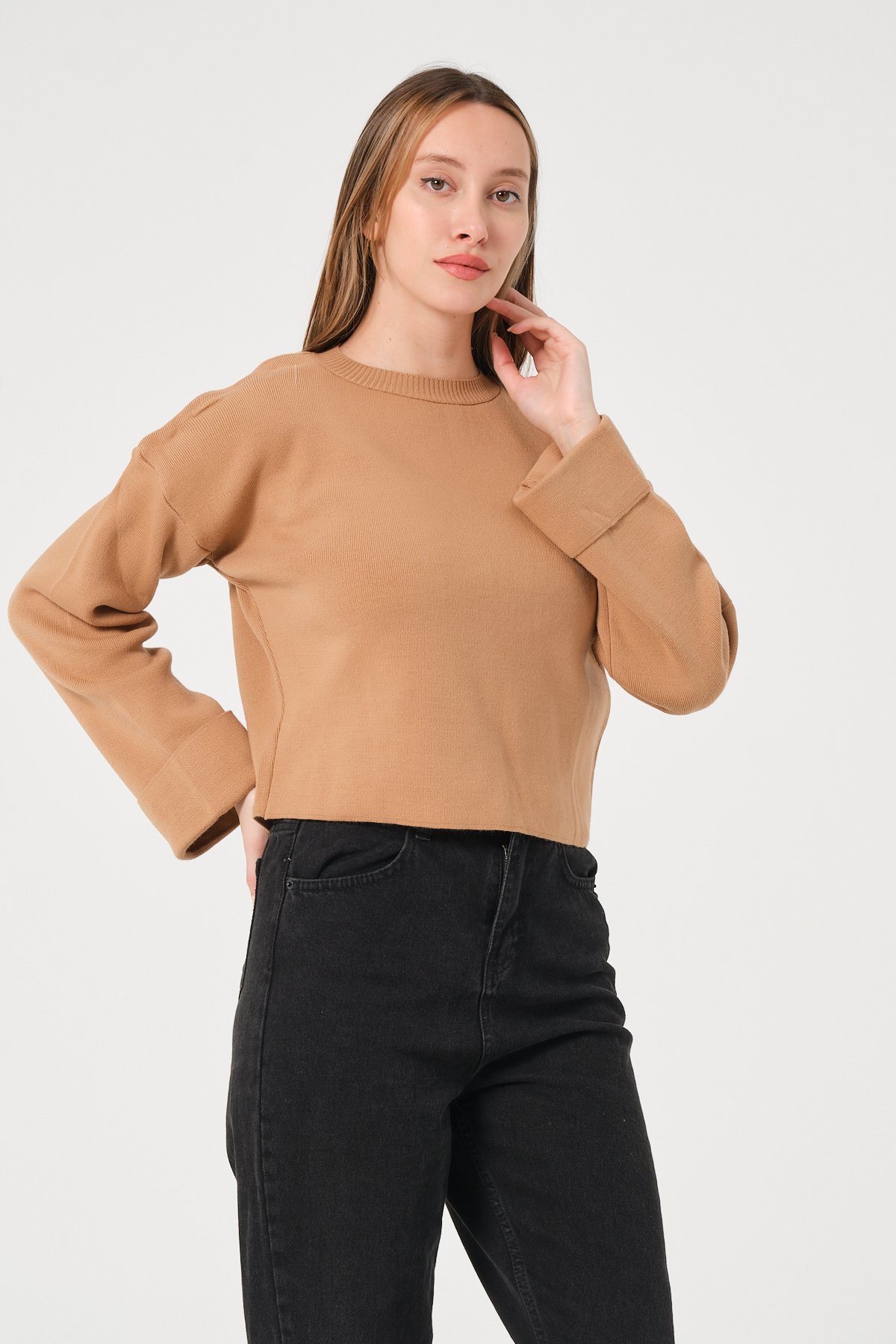 Kadın Kahverengi Bisiklet Yaka Kol Detaylı Triko Kazak