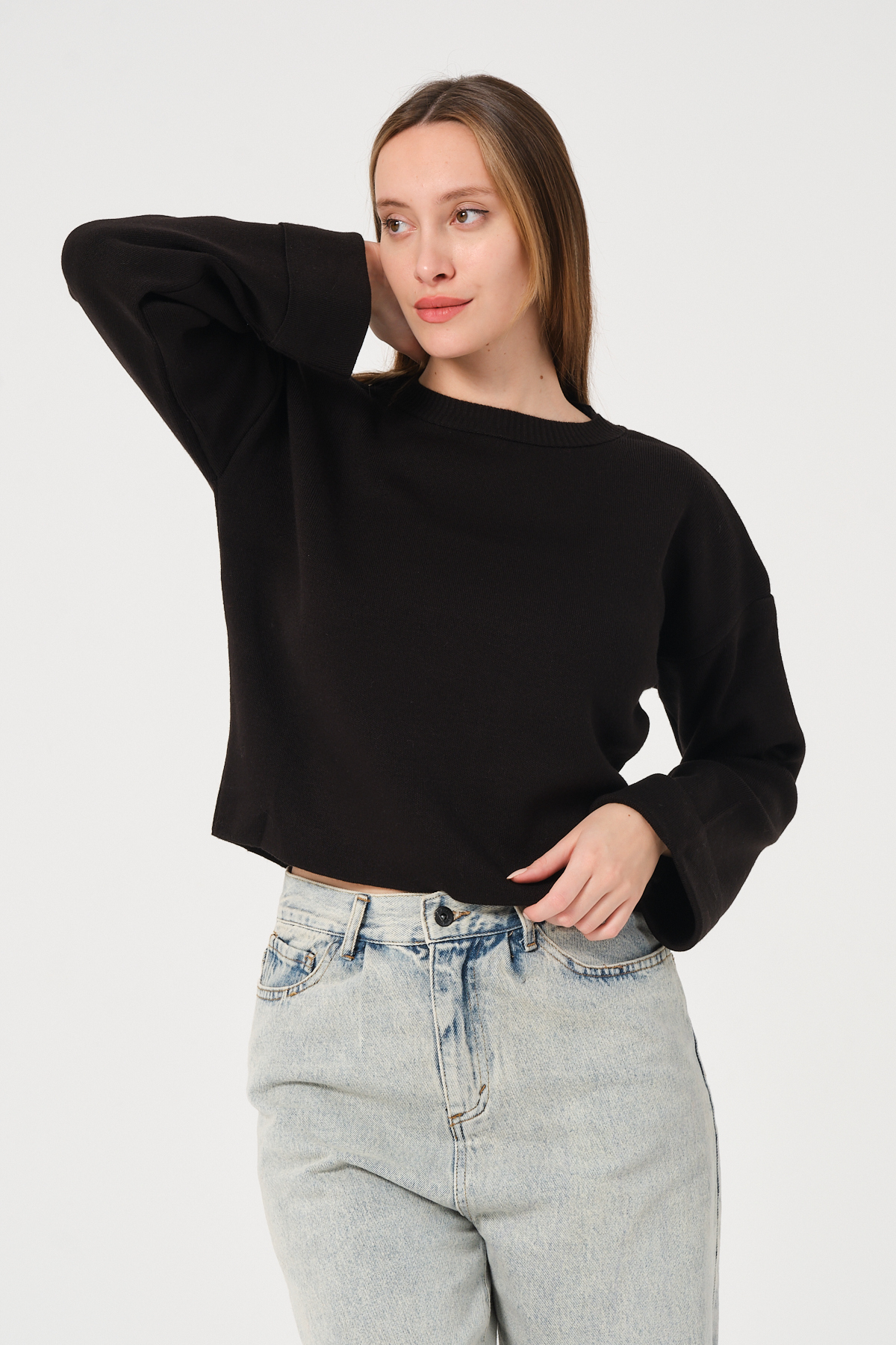 Kadın Kahverengi Bisiklet Yaka Kol Detaylı Triko Kazak