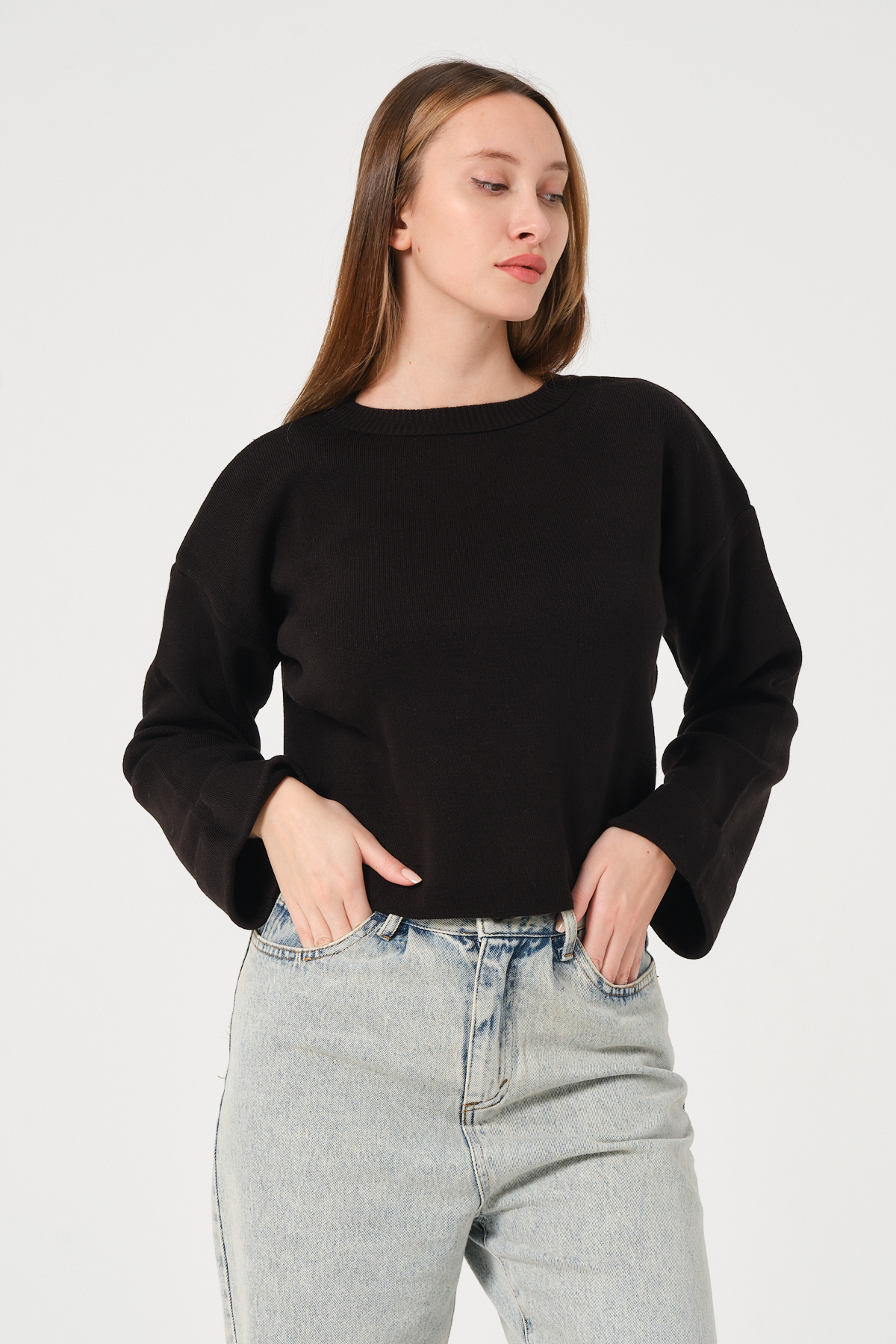 Kadın Kahverengi Bisiklet Yaka Kol Detaylı Triko Kazak