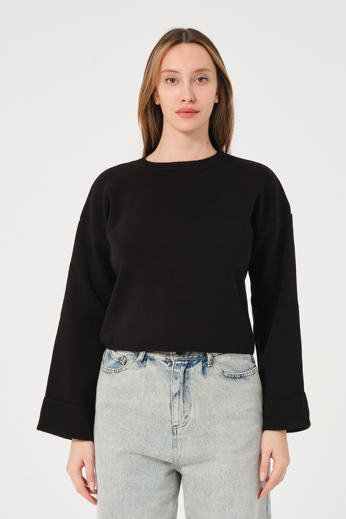 Kadın Kahverengi Bisiklet Yaka Kol Detaylı Triko Kazak