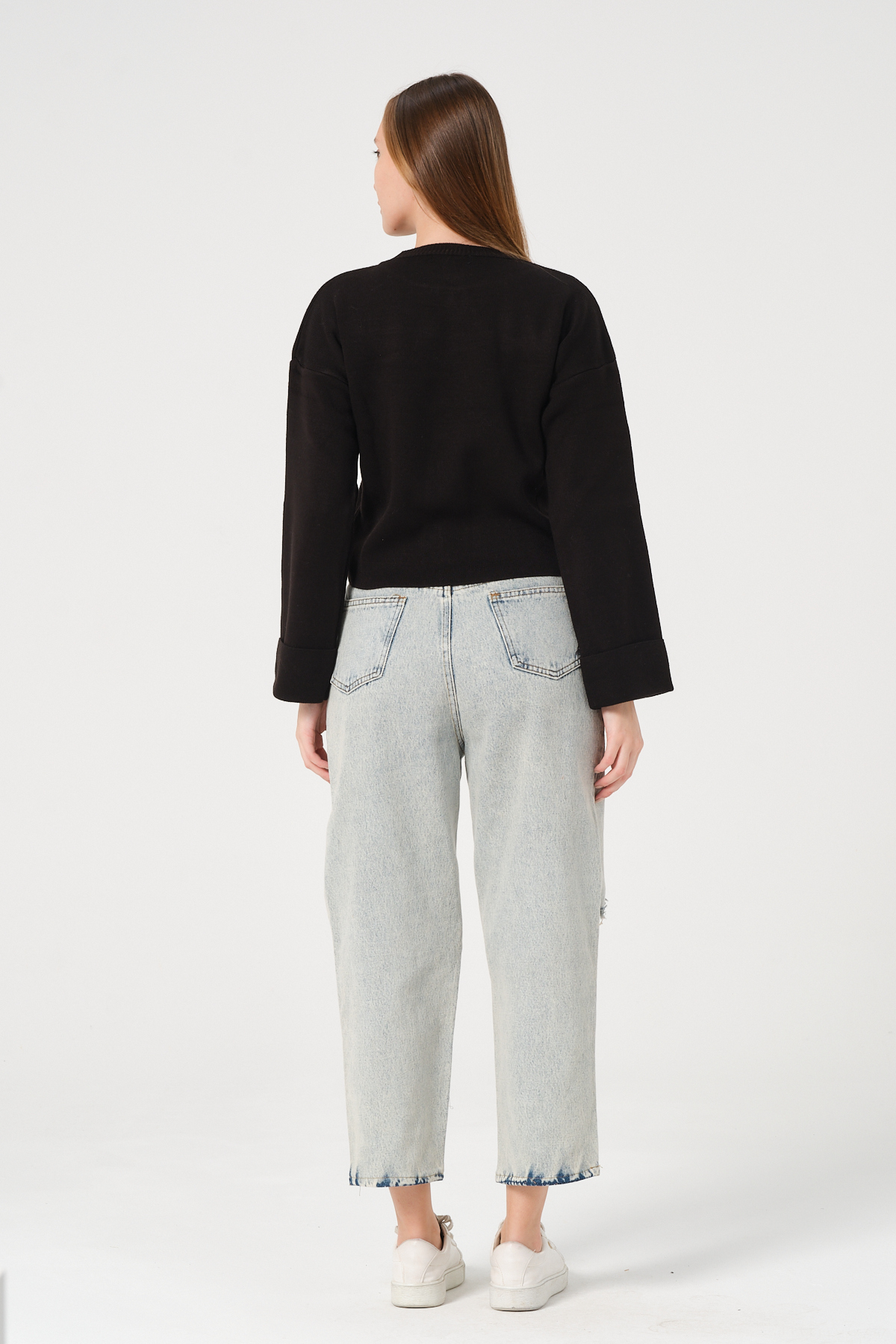 Kadın Kahverengi Bisiklet Yaka Kol Detaylı Triko Kazak