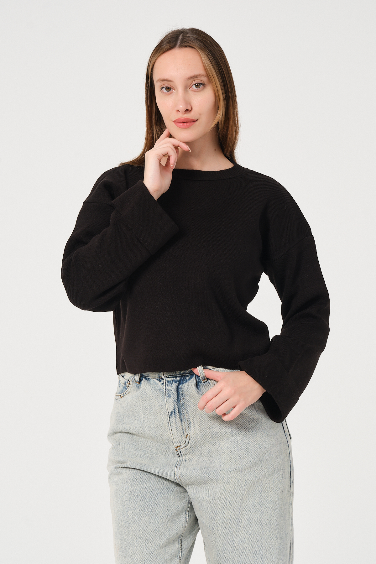 Kadın Kahverengi Bisiklet Yaka Kol Detaylı Triko Kazak