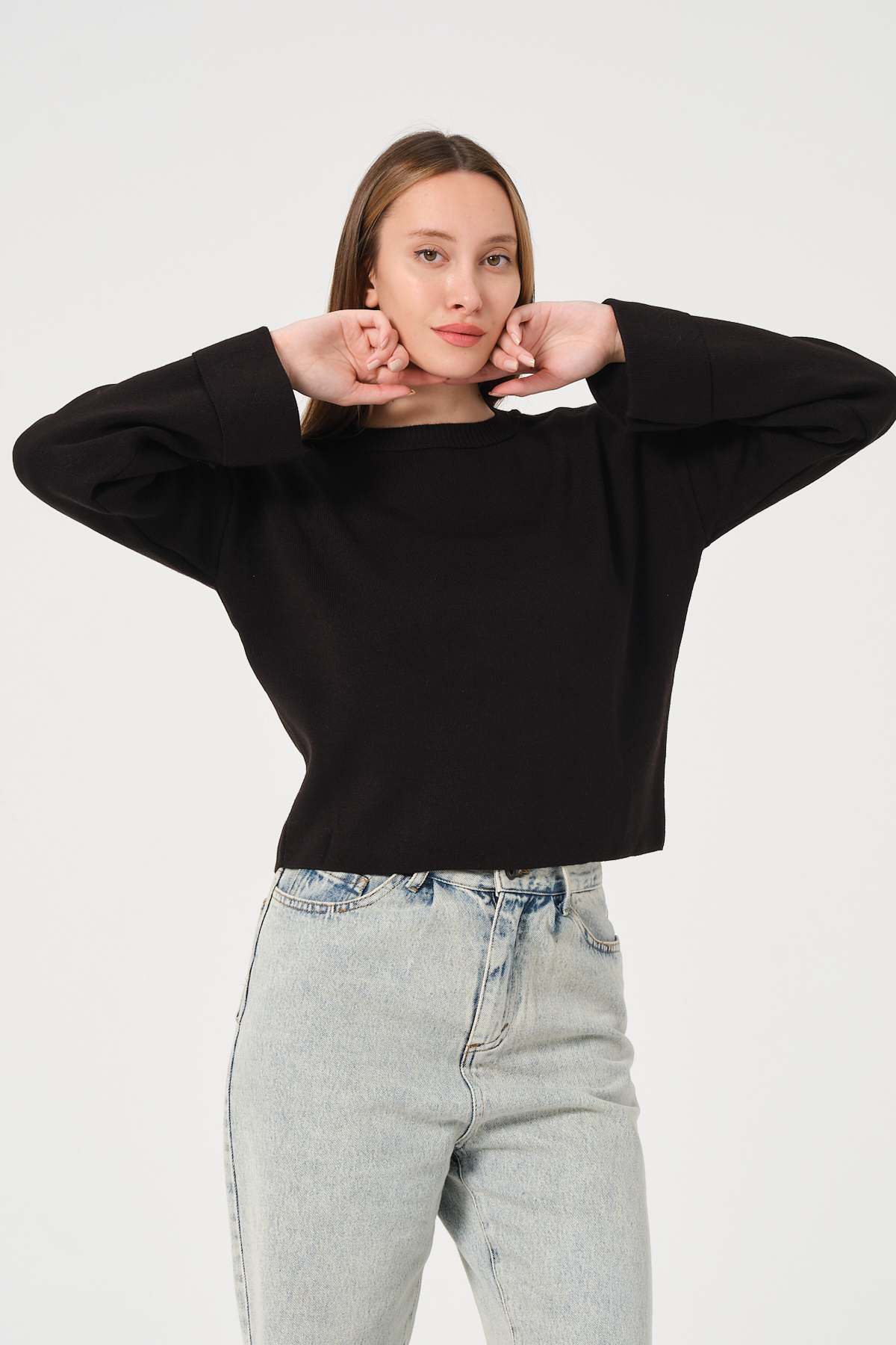 Kadın Kahverengi Bisiklet Yaka Kol Detaylı Triko Kazak