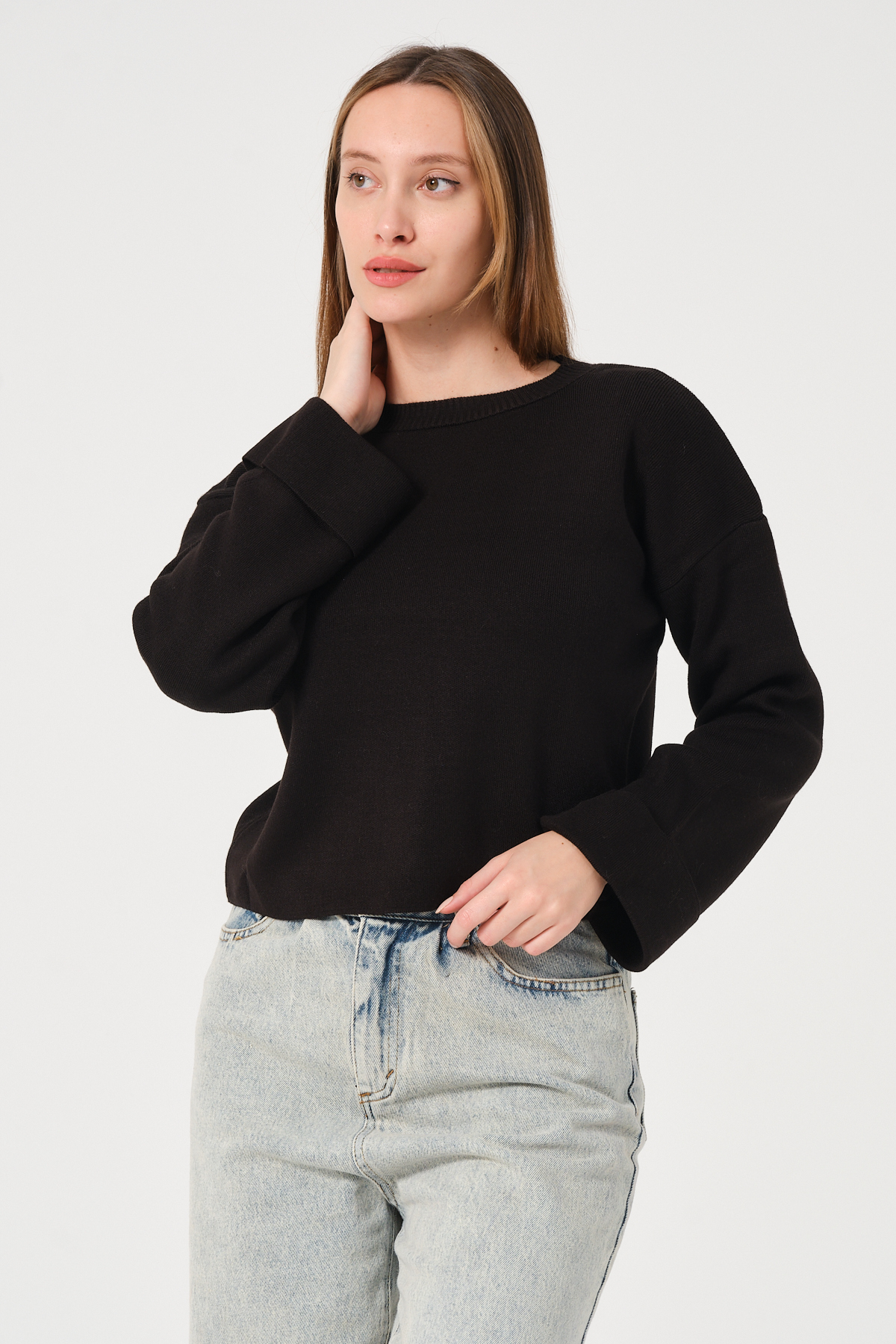 Kadın Kahverengi Bisiklet Yaka Kol Detaylı Triko Kazak