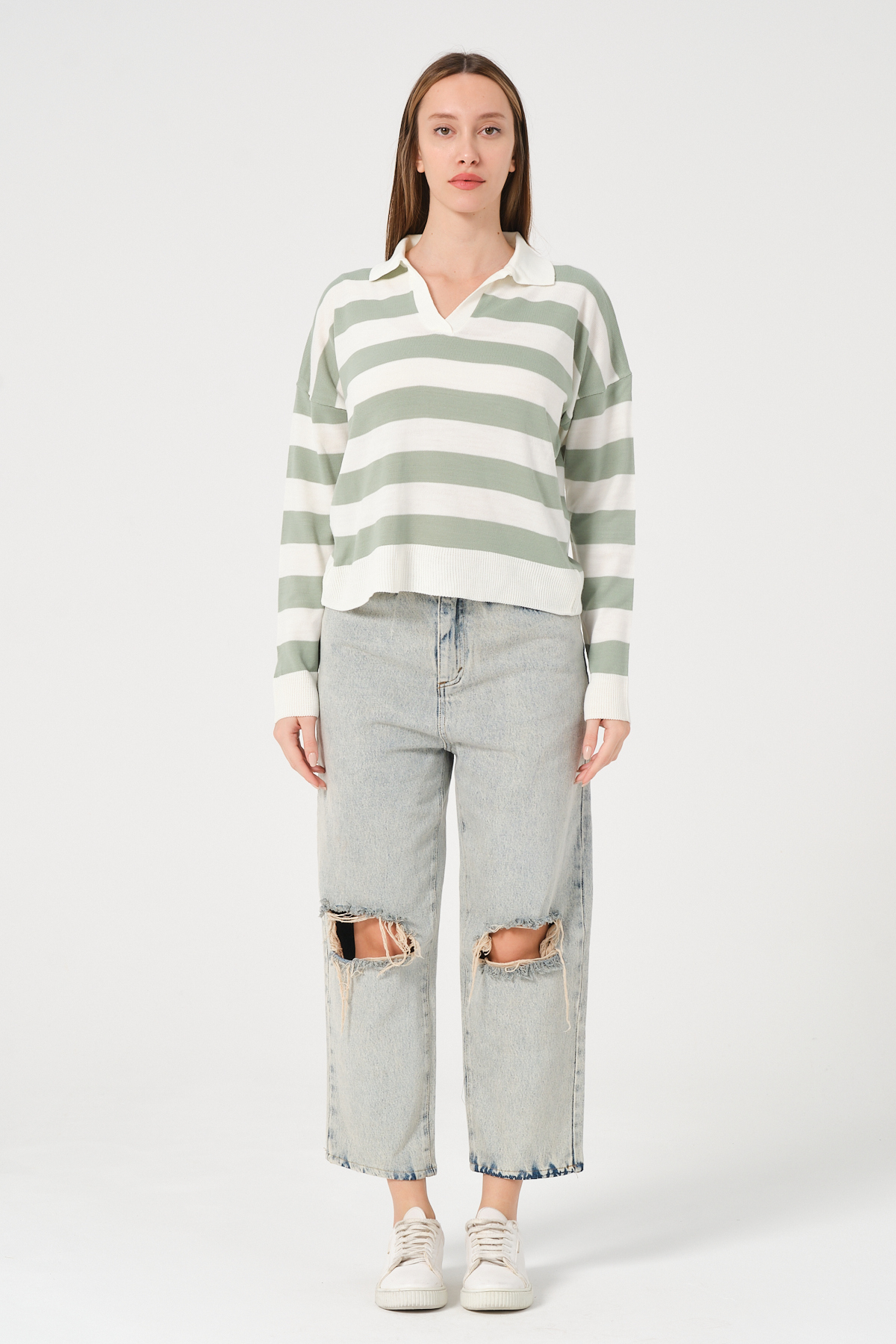 Kadın Yeşil Ekru Çizgili Polo Yaka Triko Kazak