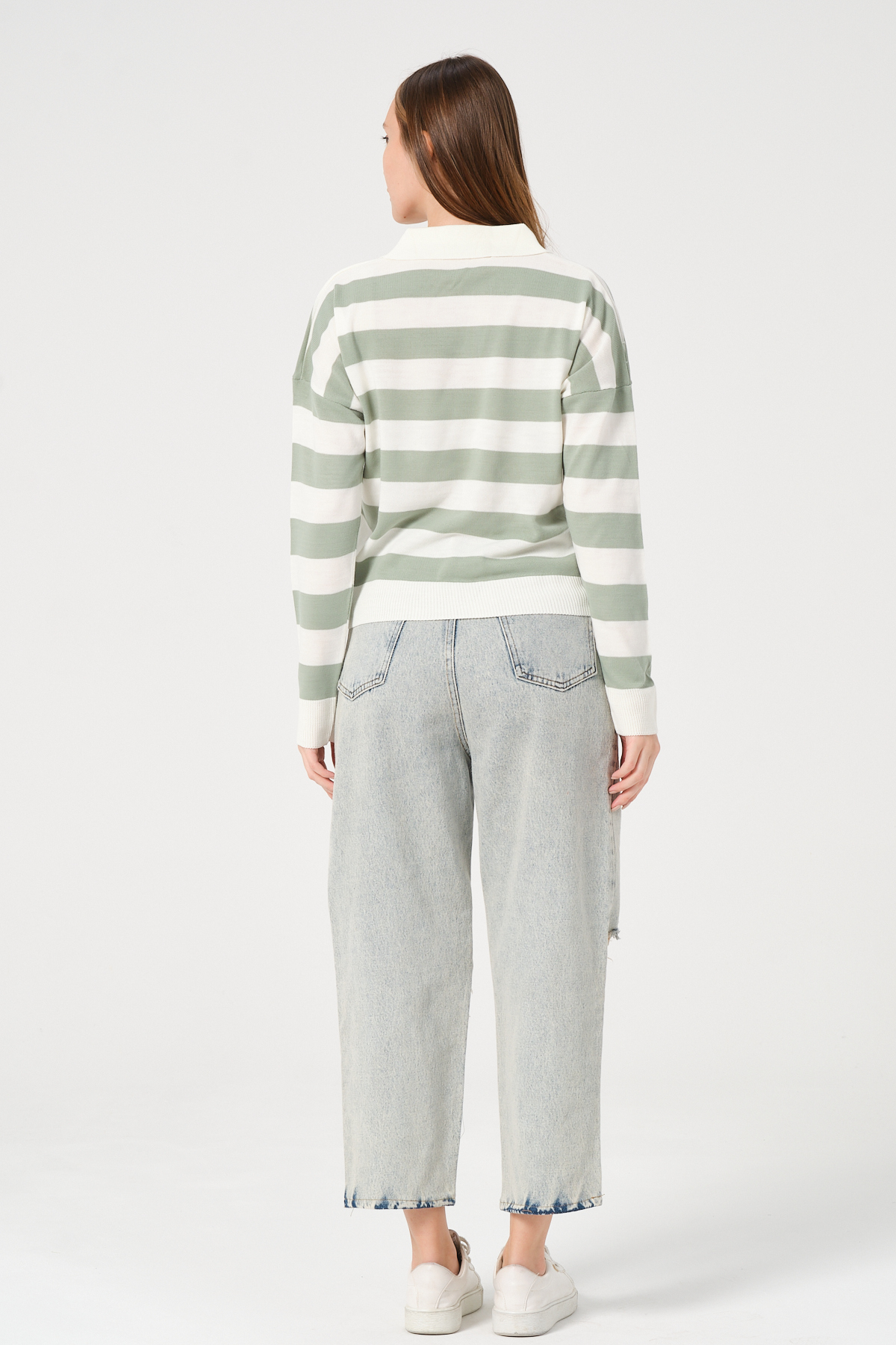 Kadın Yeşil Ekru Çizgili Polo Yaka Triko Kazak