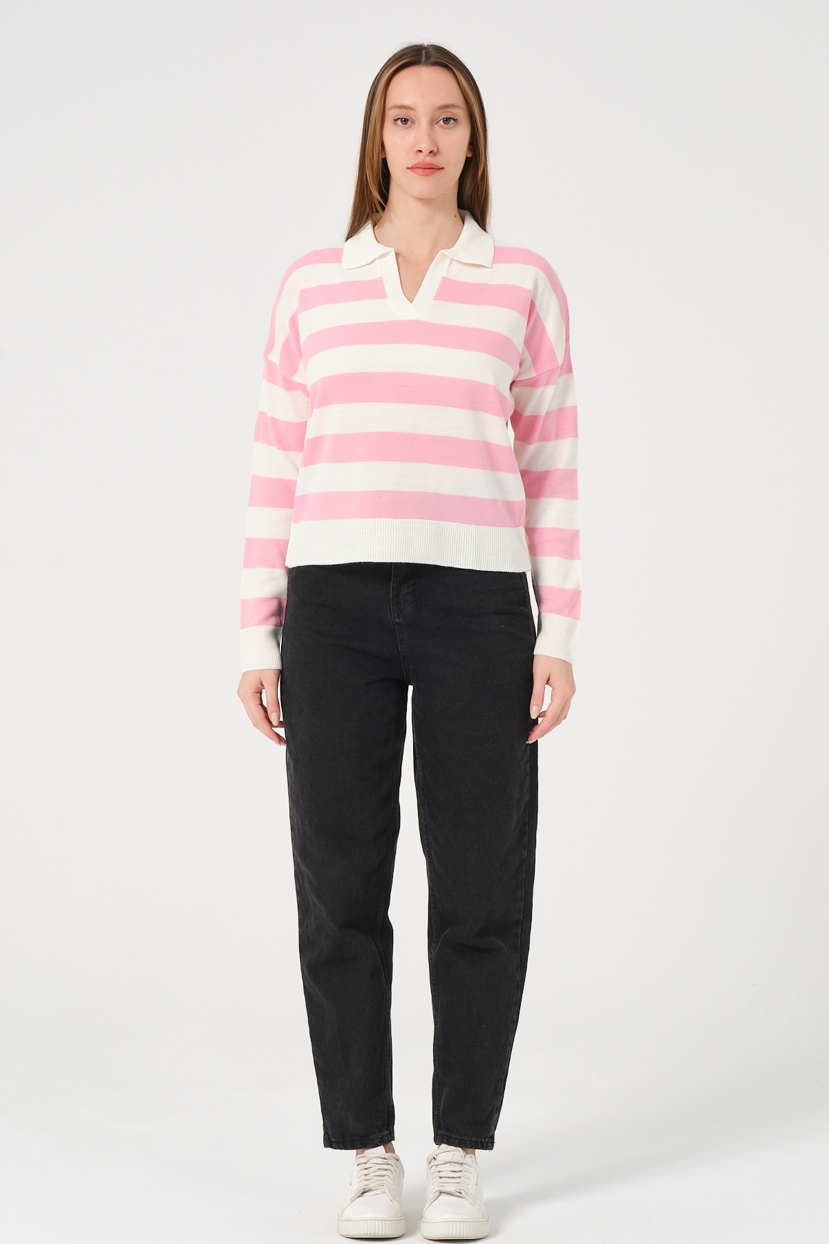 Kadın Pembe Ekru Çizgili Polo Yaka Triko Kazak