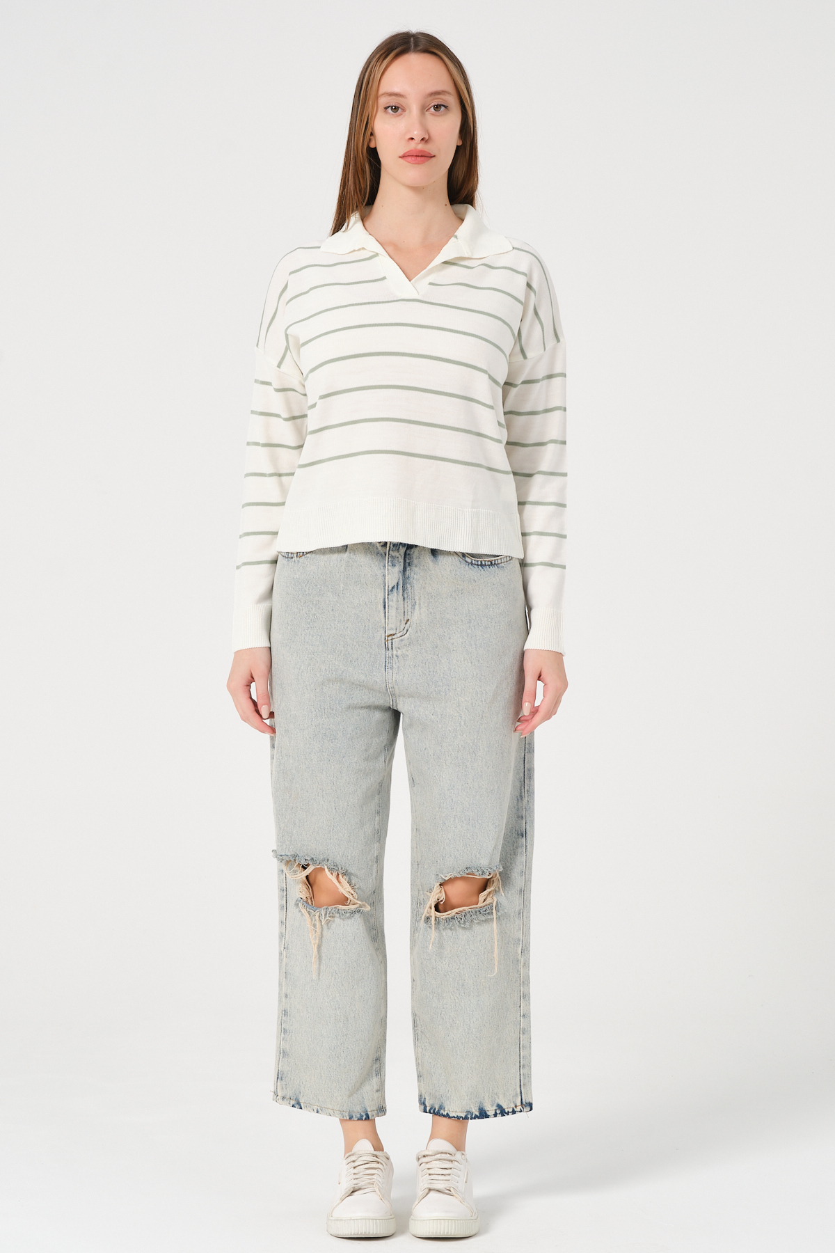 Kadın Yeşil Ekru Çizgili Polo Yaka Triko Kazak