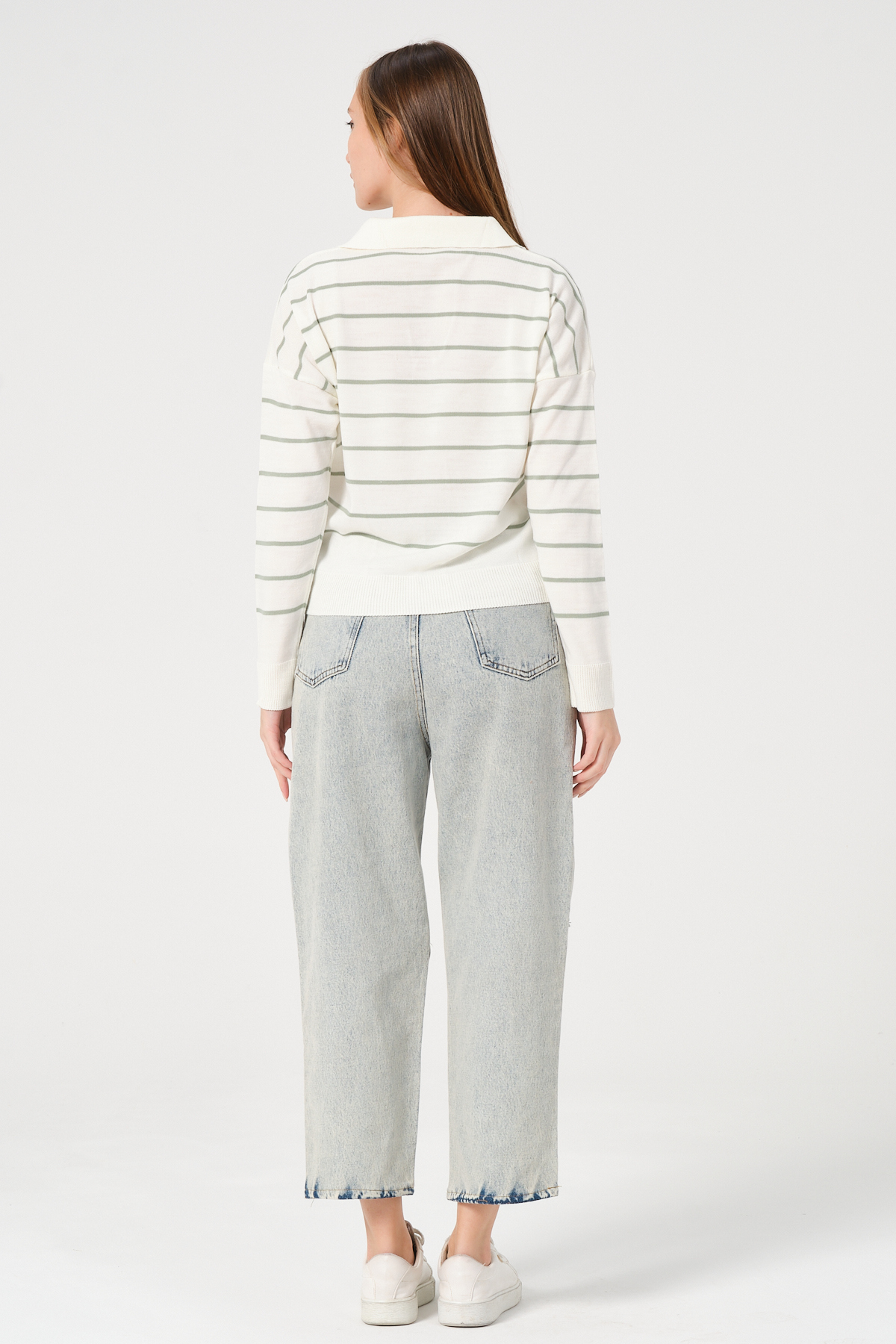 Kadın Yeşil Ekru Çizgili Polo Yaka Triko Kazak