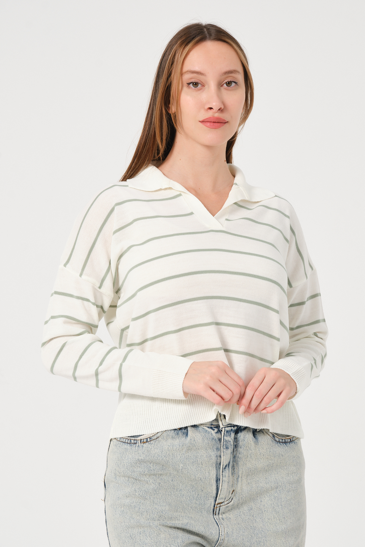 Kadın Yeşil Ekru Çizgili Polo Yaka Triko Kazak