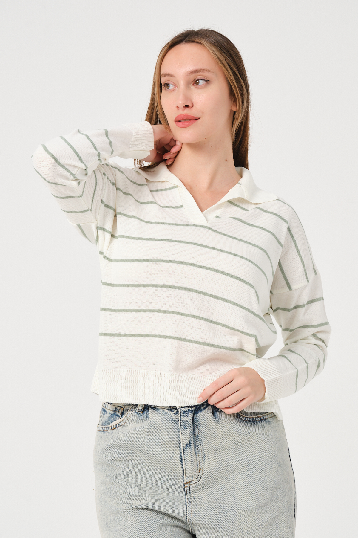 Kadın Yeşil Ekru Çizgili Polo Yaka Triko Kazak