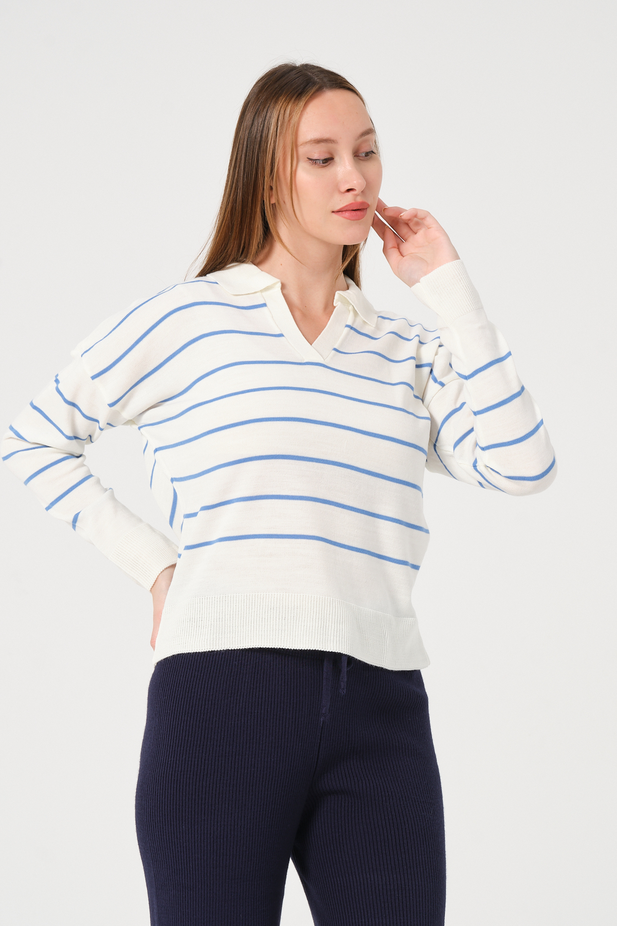 Kadın Yeşil Ekru Çizgili Polo Yaka Triko Kazak