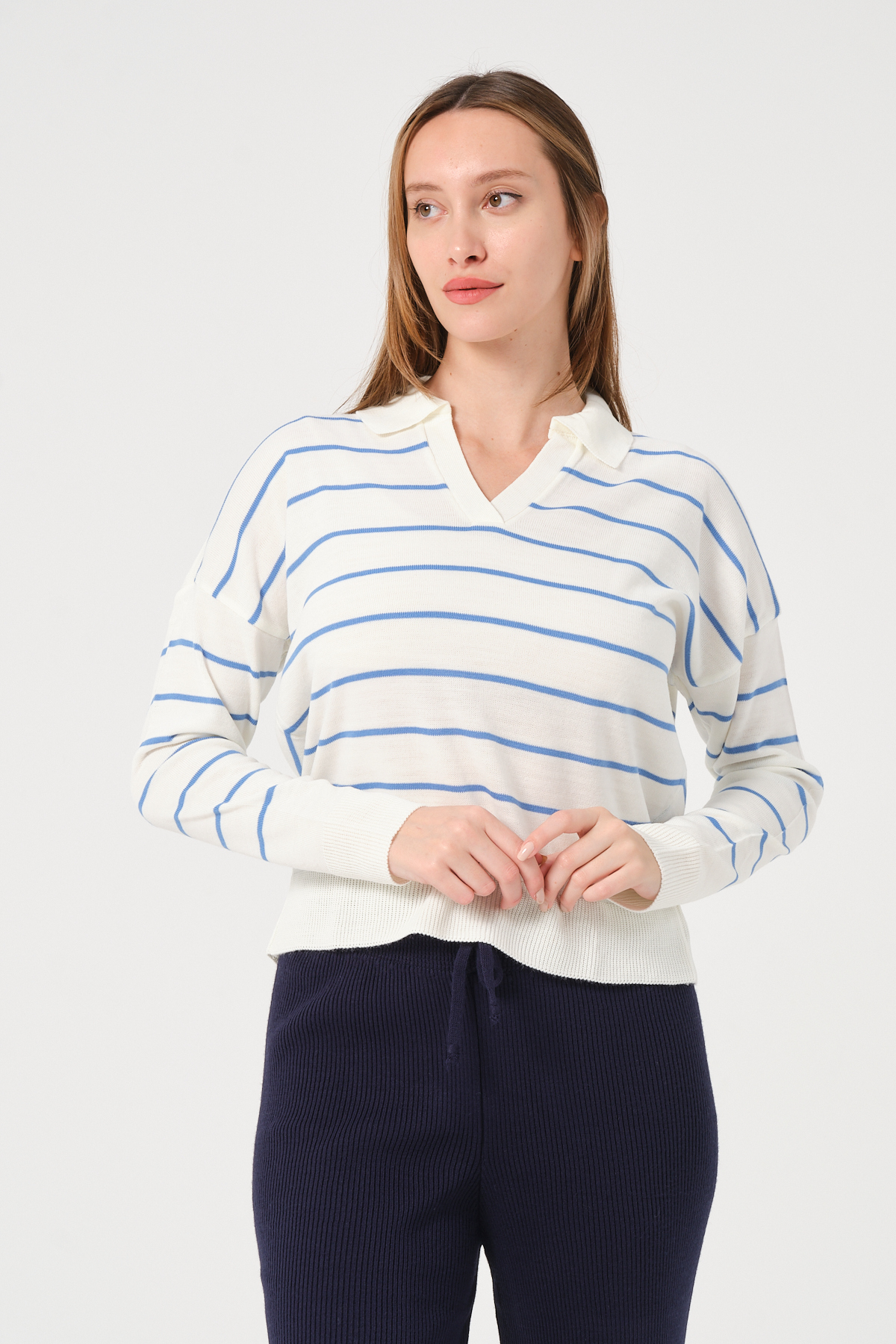 Kadın Yeşil Ekru Çizgili Polo Yaka Triko Kazak