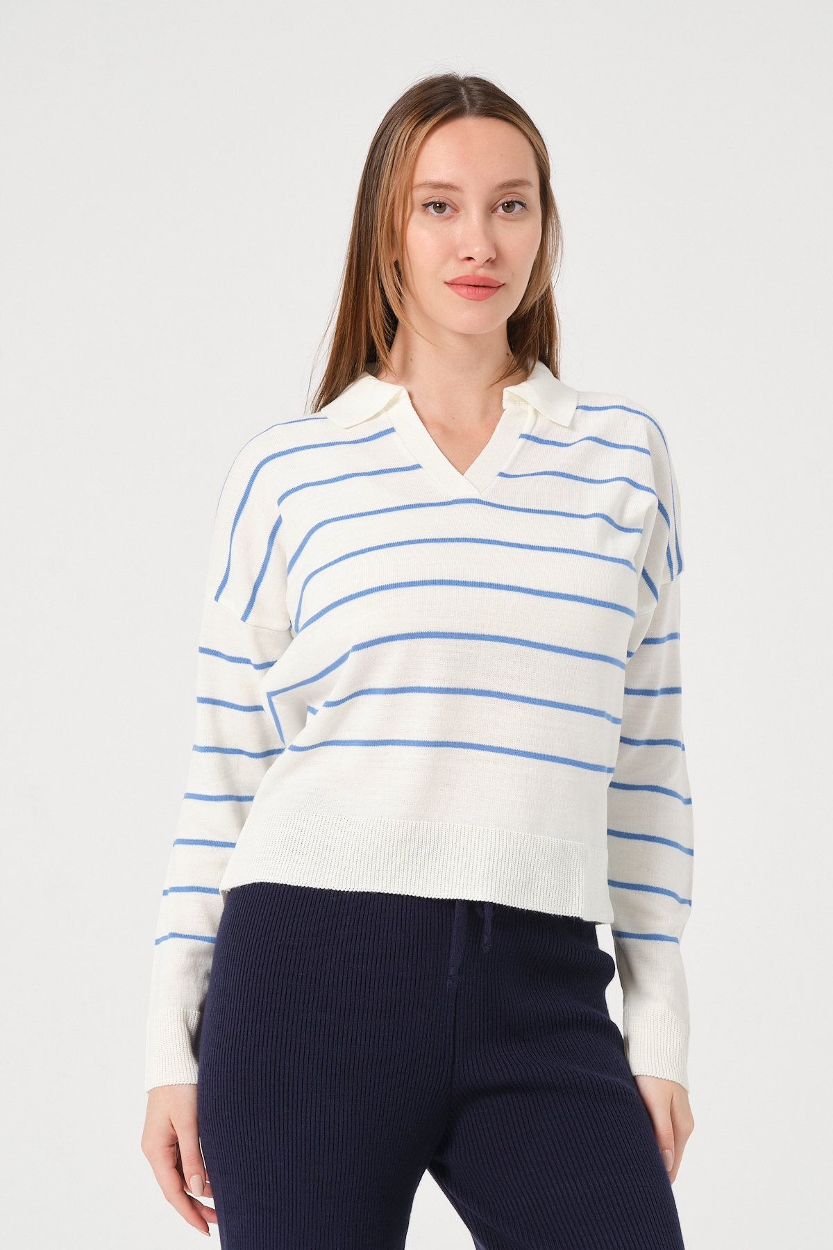 Kadın Yeşil Ekru Çizgili Polo Yaka Triko Kazak