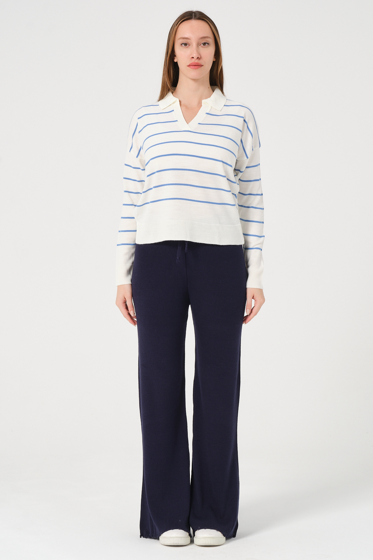 Kadın Yeşil Ekru Çizgili Polo Yaka Triko Kazak