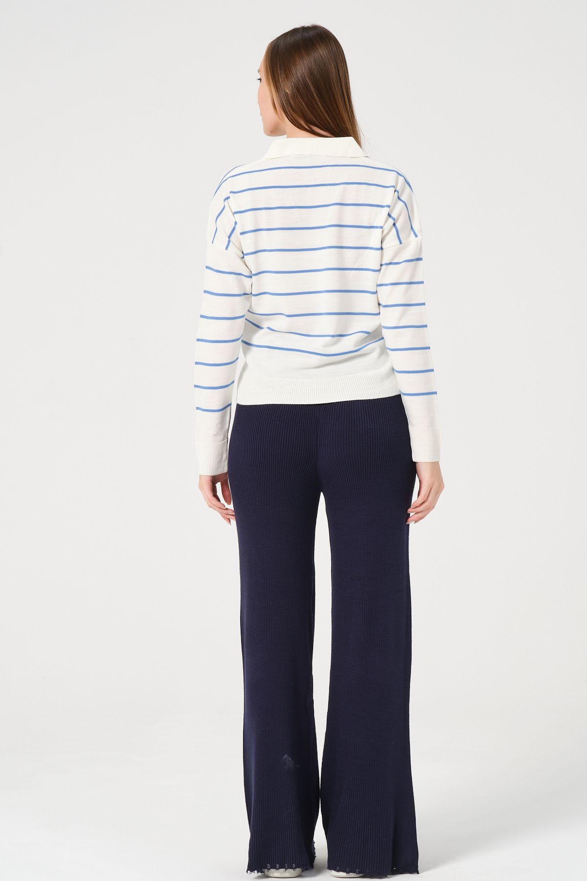 Kadın Yeşil Ekru Çizgili Polo Yaka Triko Kazak