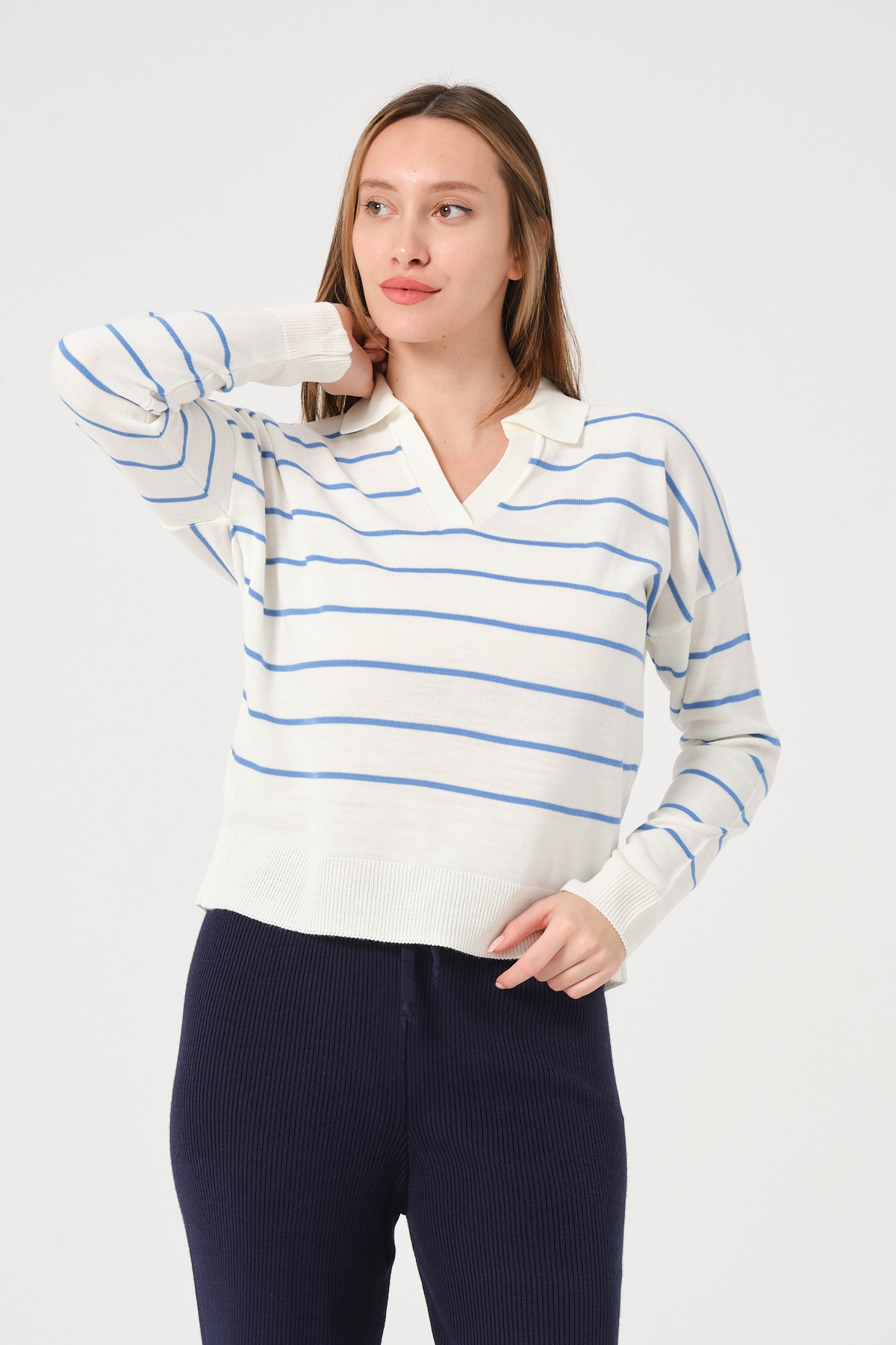 Kadın Yeşil Ekru Çizgili Polo Yaka Triko Kazak