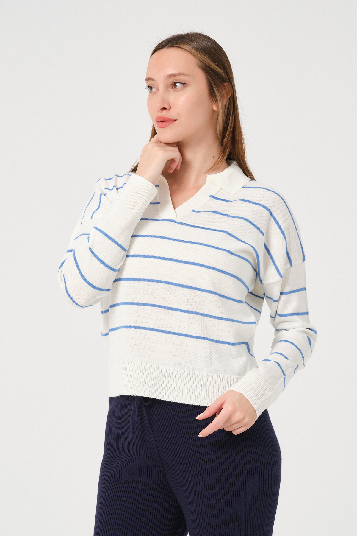 Kadın Yeşil Ekru Çizgili Polo Yaka Triko Kazak