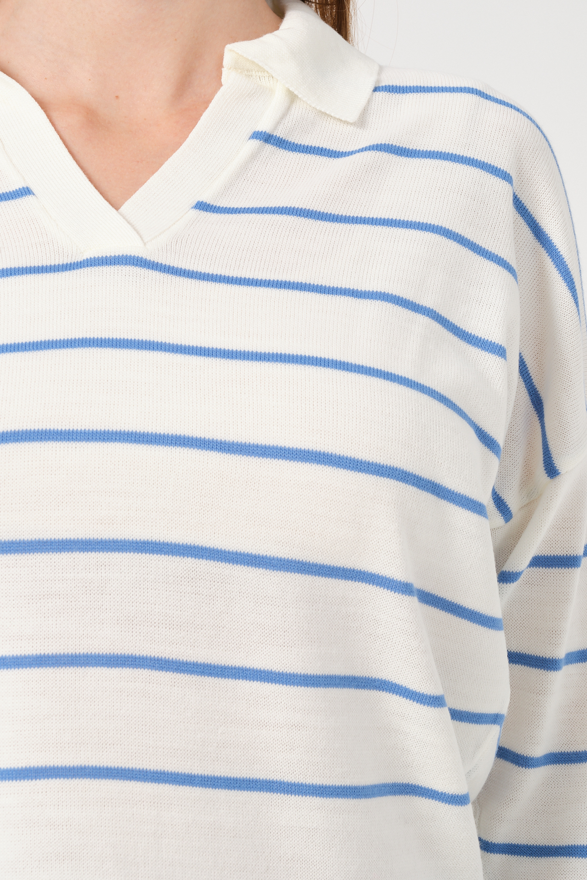 Kadın Yeşil Ekru Çizgili Polo Yaka Triko Kazak