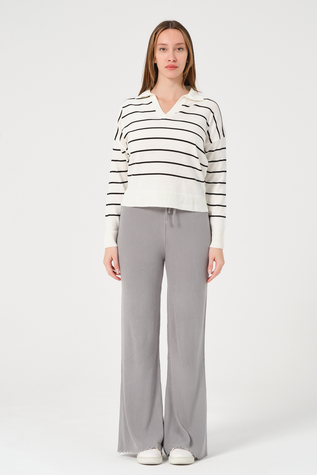 Kadın Yeşil Ekru Çizgili Polo Yaka Triko Kazak