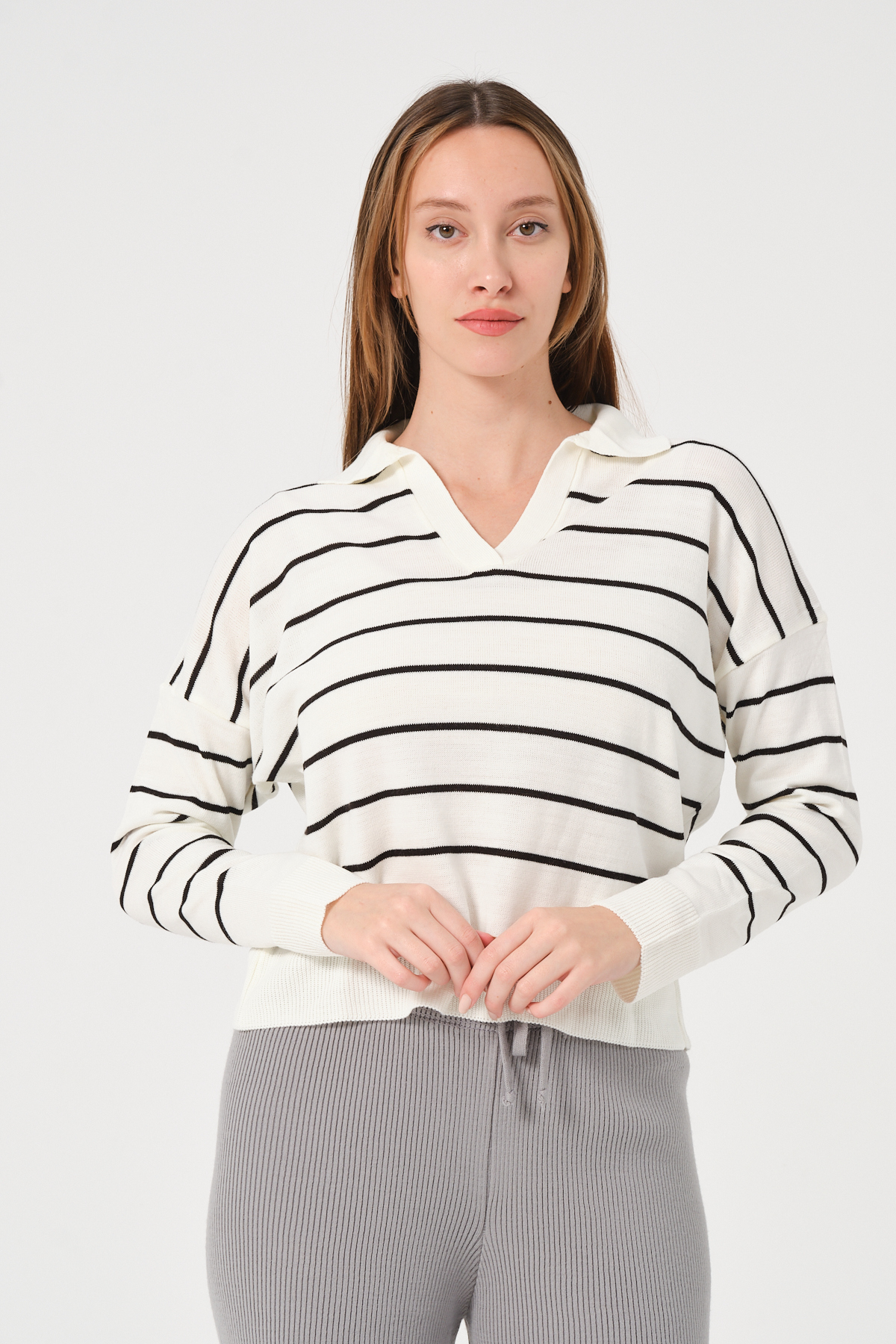 Kadın Yeşil Ekru Çizgili Polo Yaka Triko Kazak