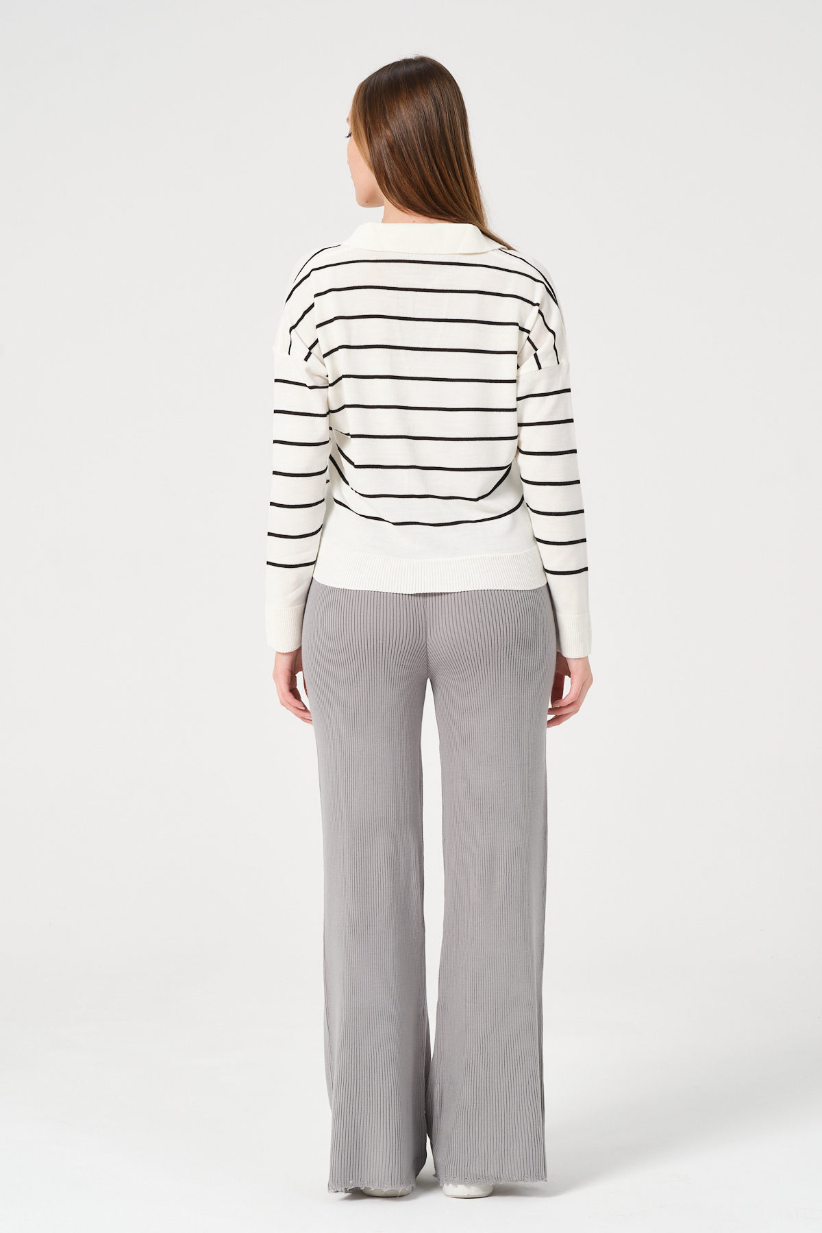 Kadın Yeşil Ekru Çizgili Polo Yaka Triko Kazak