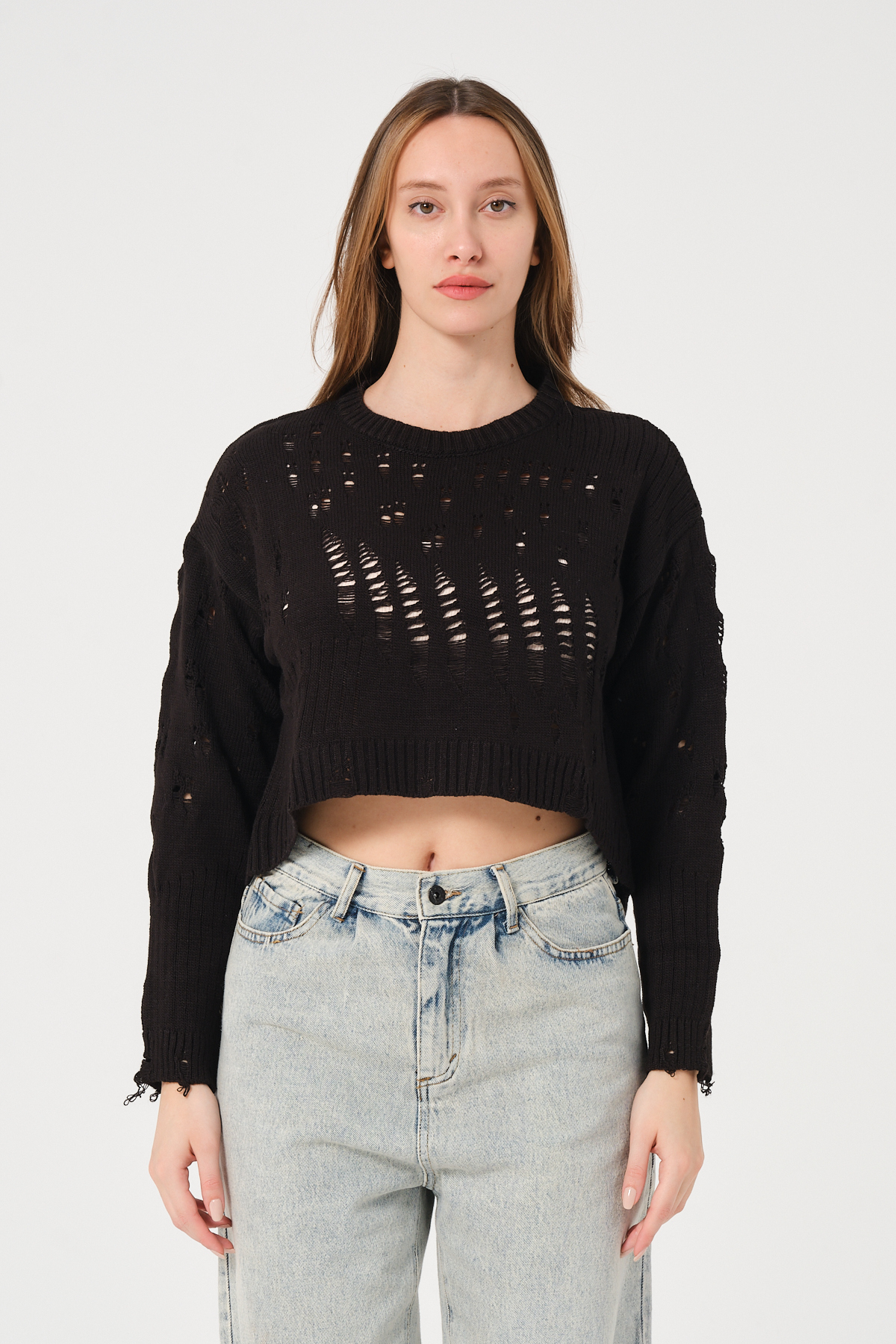 Kadın Siyah Ajurlu Bisiklet Yaka Crop Triko Kazak