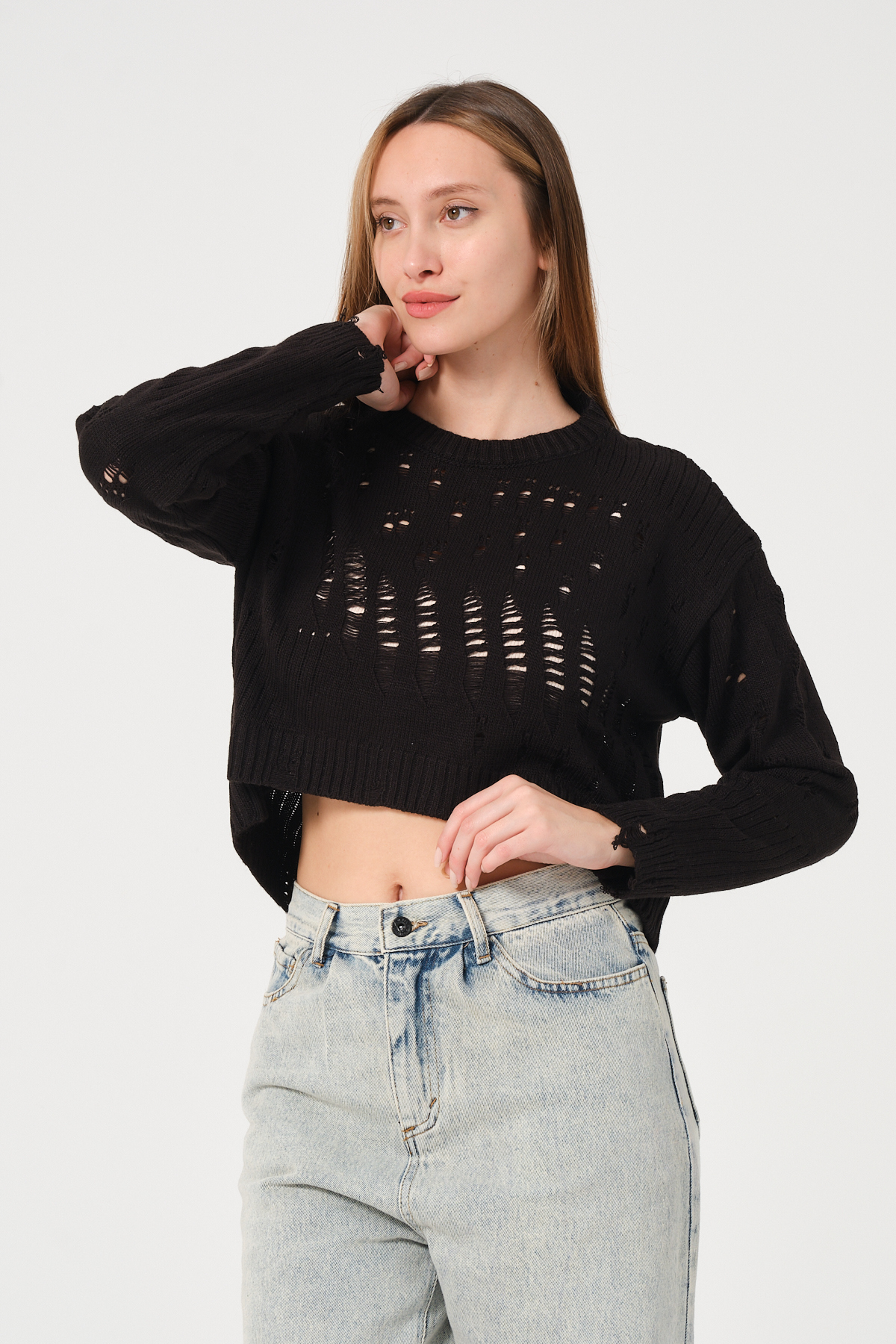 Kadın Siyah Ajurlu Bisiklet Yaka Crop Triko Kazak