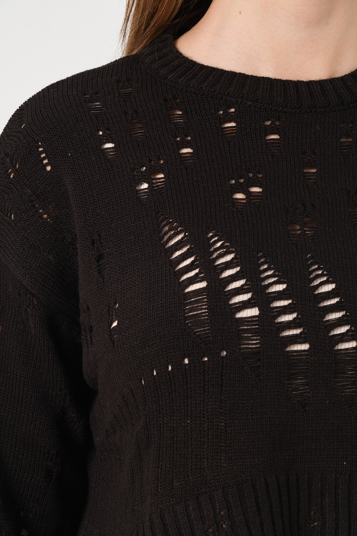 Kadın Siyah Ajurlu Bisiklet Yaka Crop Triko Kazak