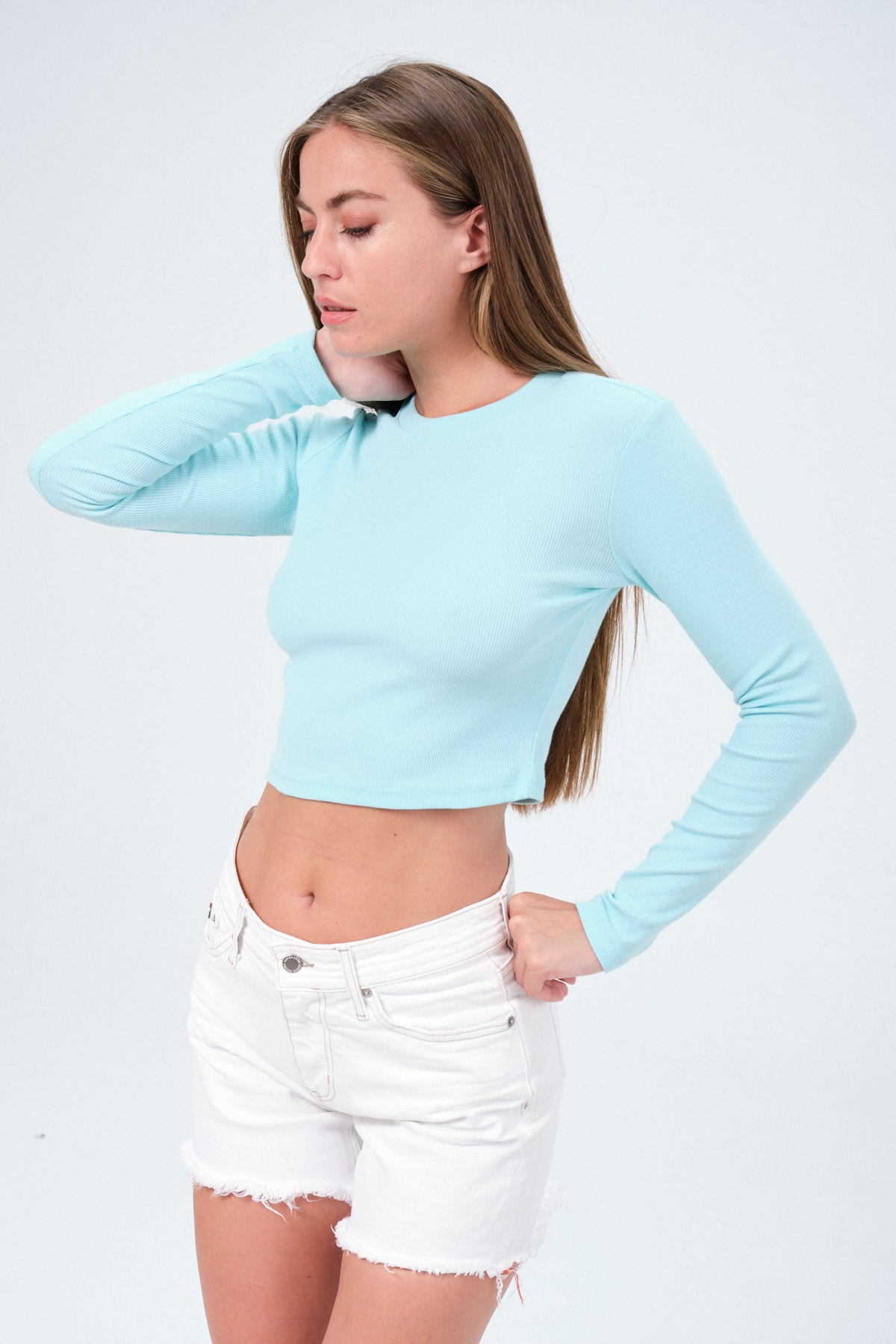 Kadın Mint Uzun Kollu Crop Sweatshirt