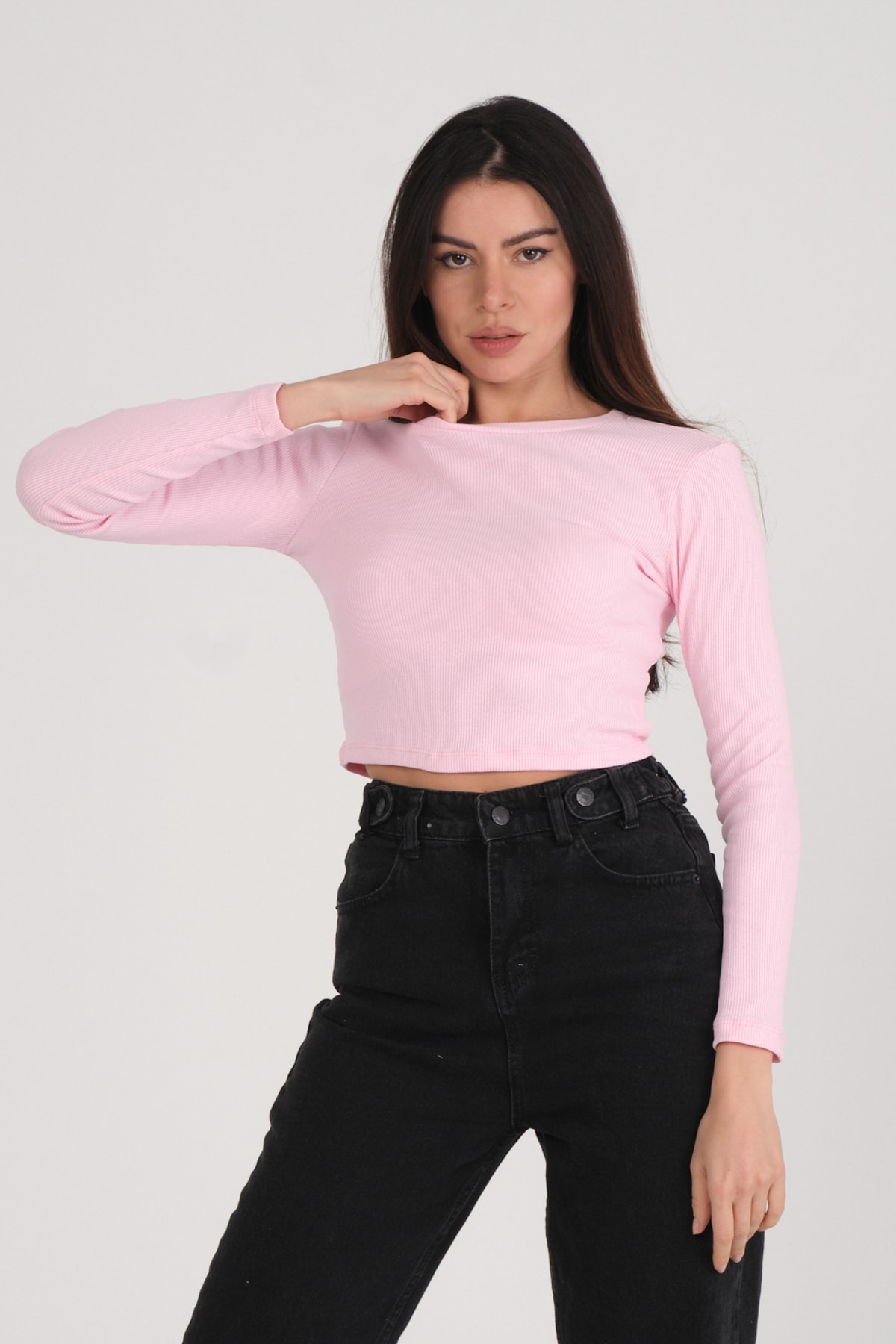 Kadın Mint Uzun Kollu Crop Sweatshirt