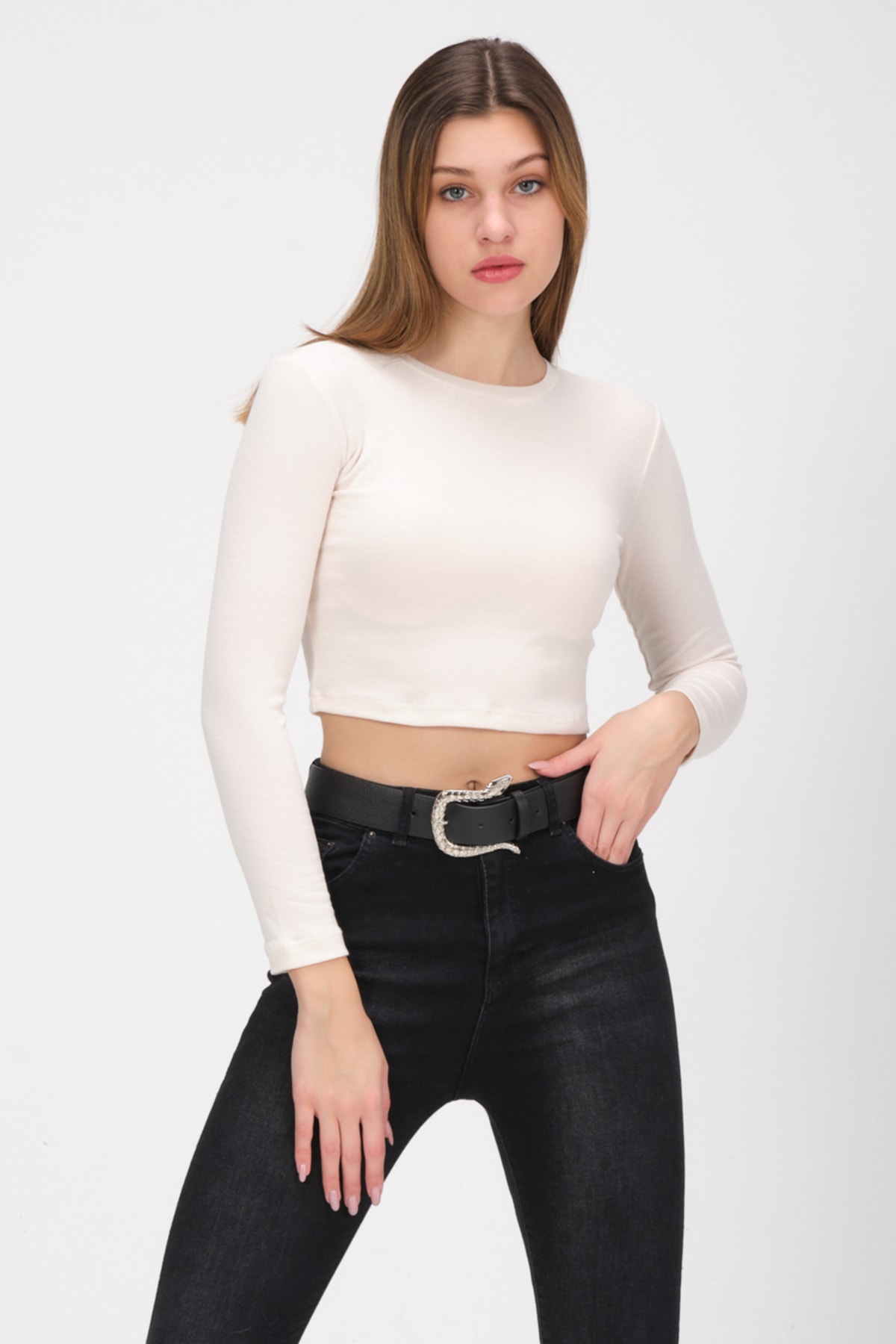 Kadın Mint Uzun Kollu Crop Sweatshirt